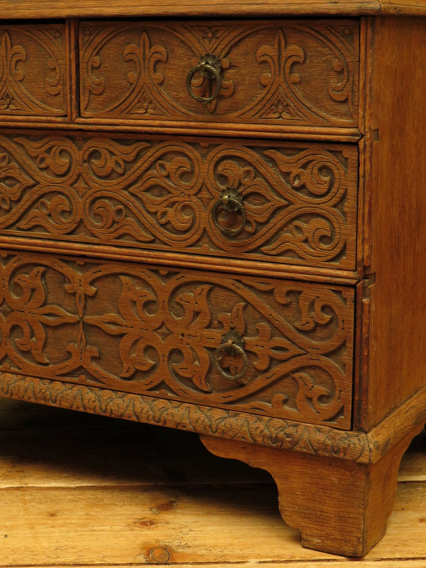 Antique Raw Oak Carved Bureau