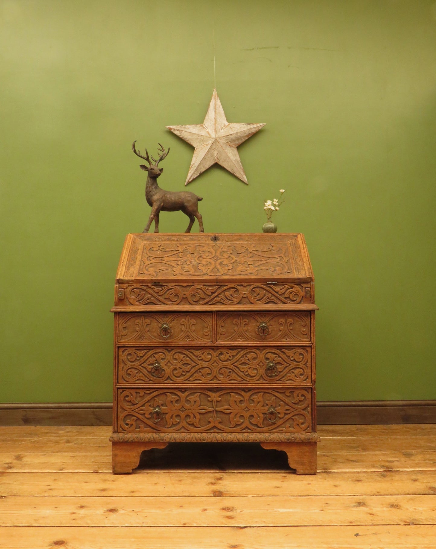 Antique Raw Oak Carved Bureau