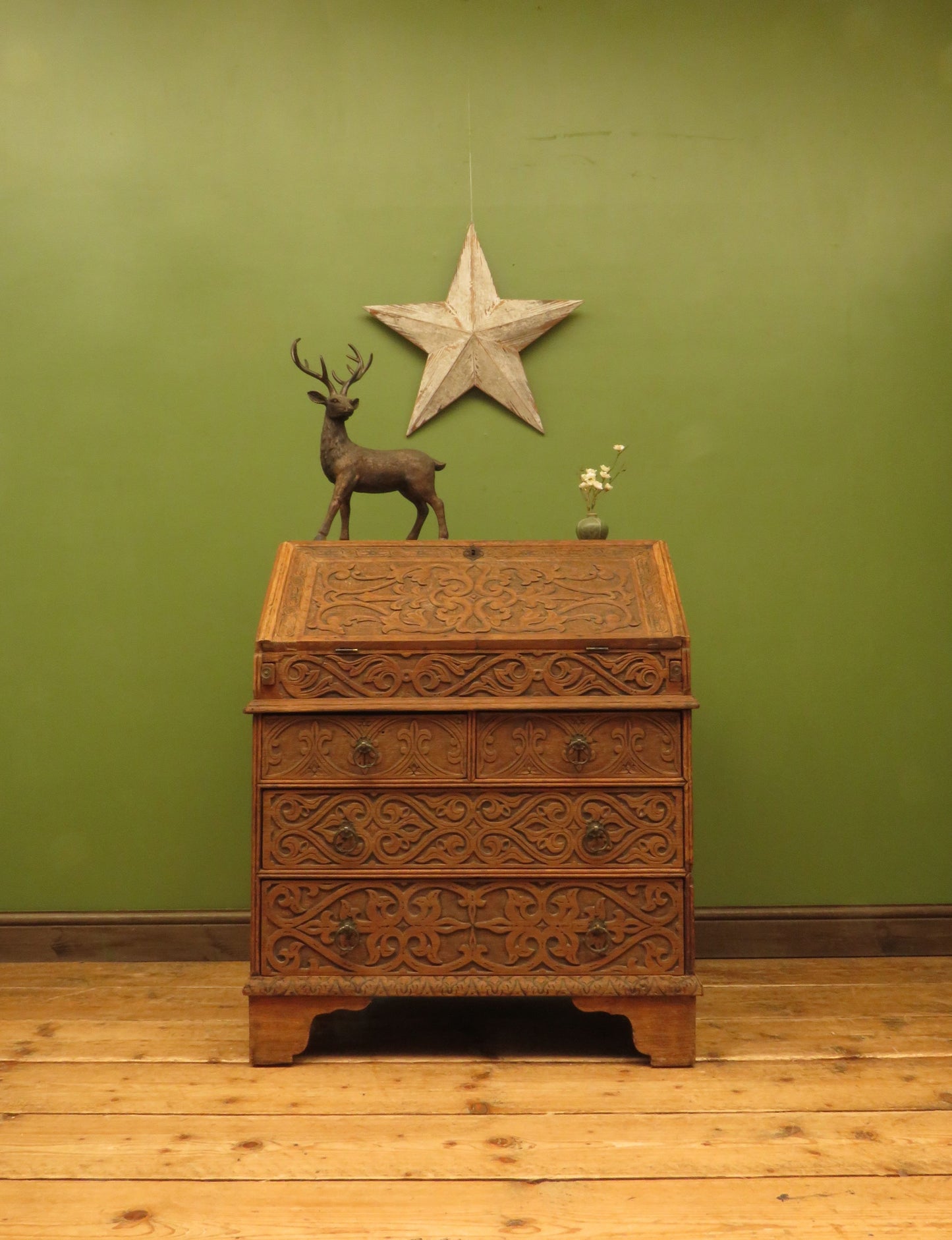 Antique Raw Oak Carved Bureau