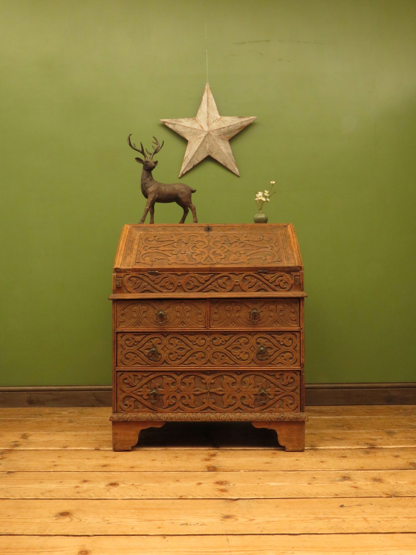 Antique Raw Oak Carved Bureau