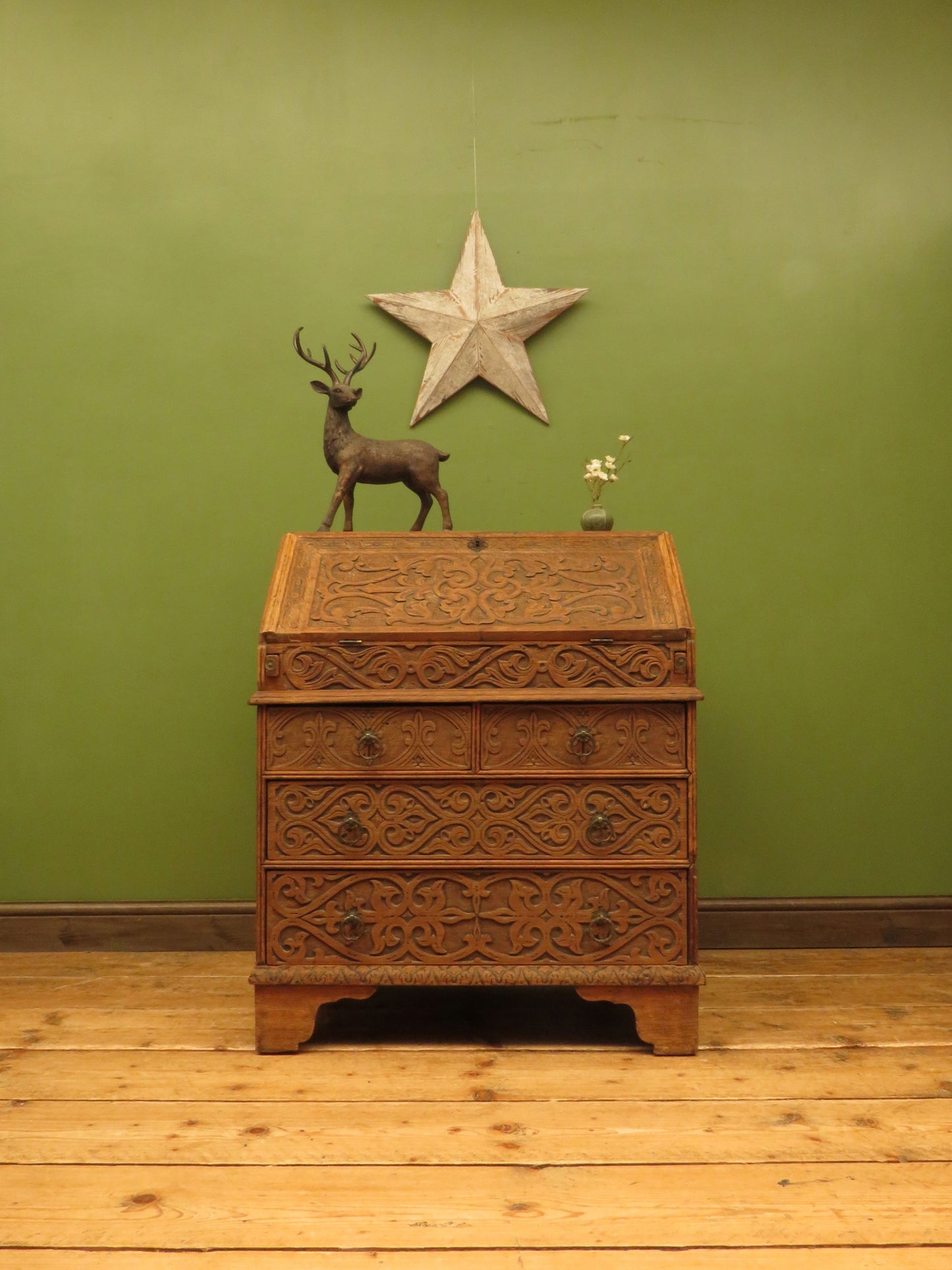 Antique Raw Oak Carved Bureau