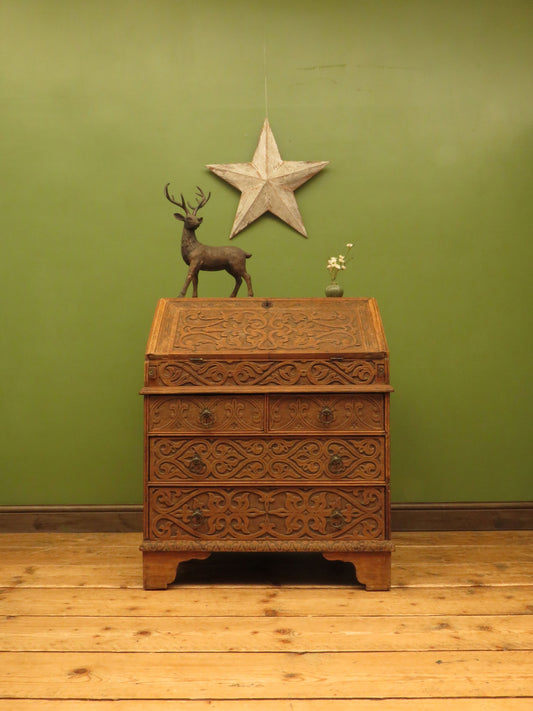 Antique Raw Oak Carved Bureau