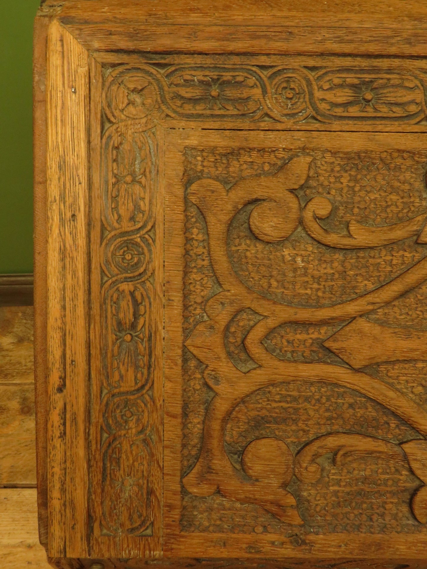 Antique Raw Oak Carved Bureau