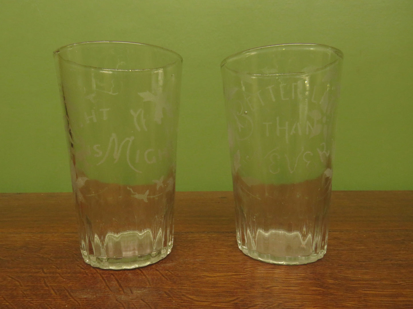Antique Motto glasses, 19th Century engraved antique glasses x 2