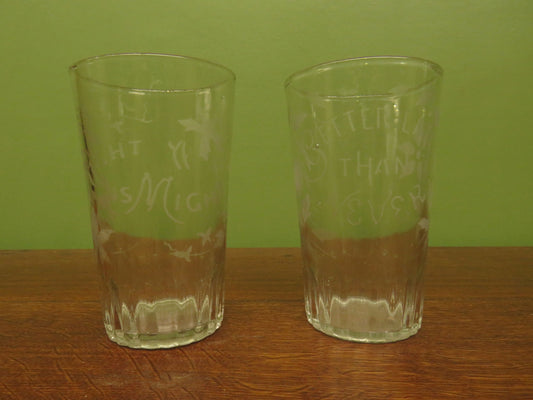 Antique Motto glasses, 19th Century engraved antique glasses x 2
