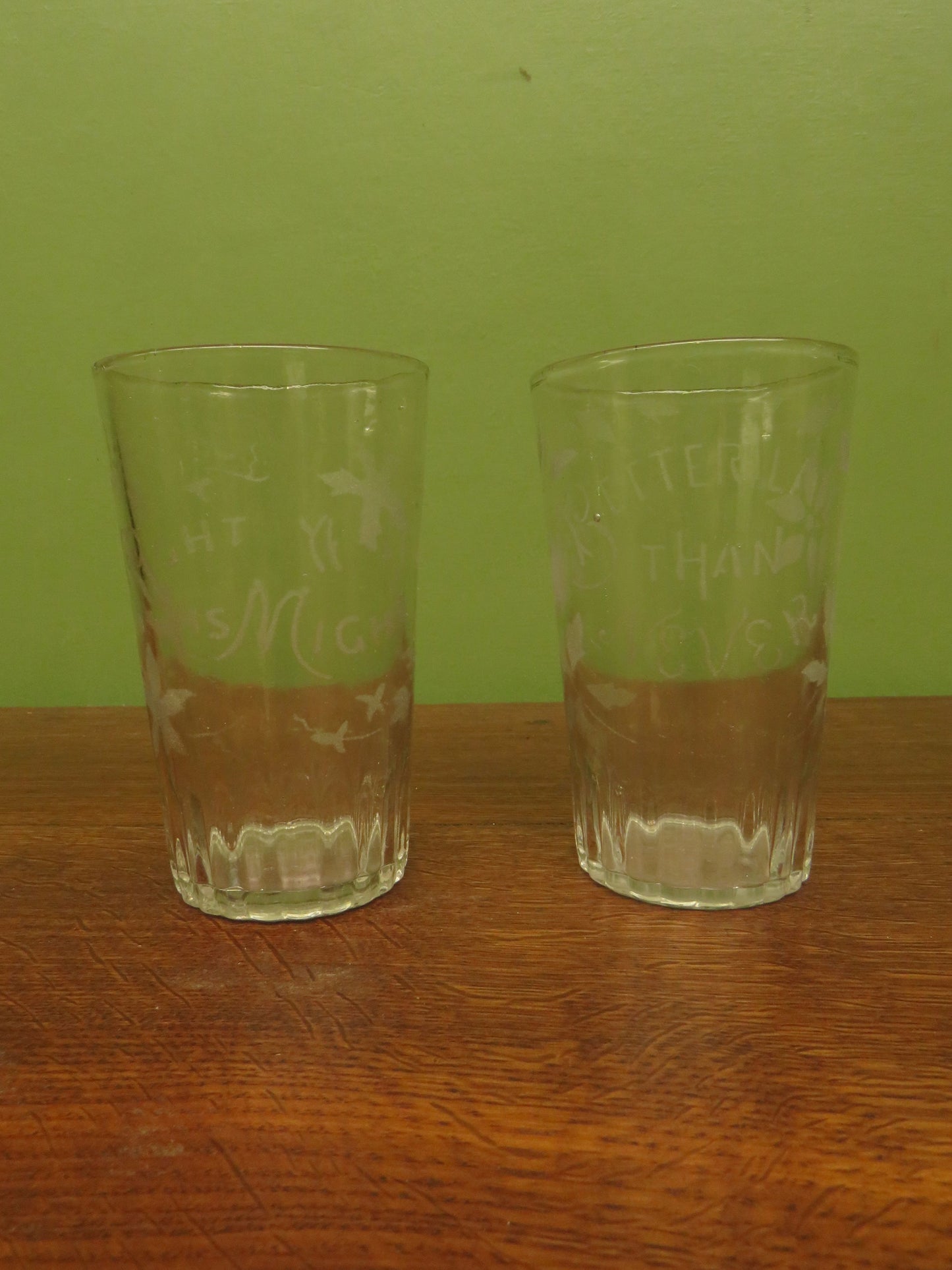 Antique Motto glasses, 19th Century engraved antique glasses x 2