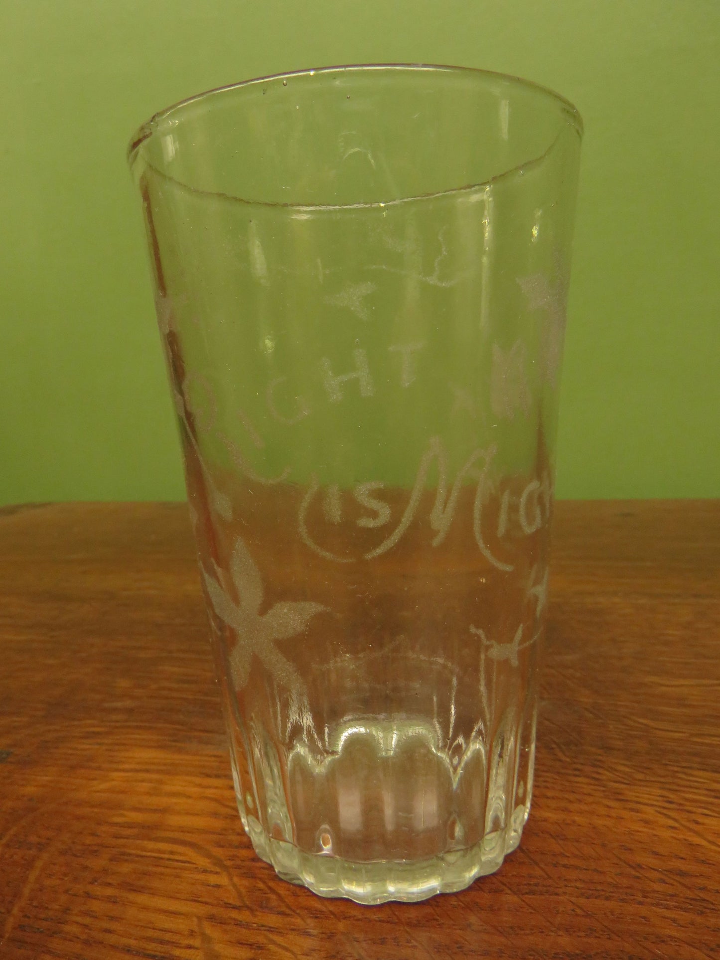 Antique Motto glasses, 19th Century engraved antique glasses x 2