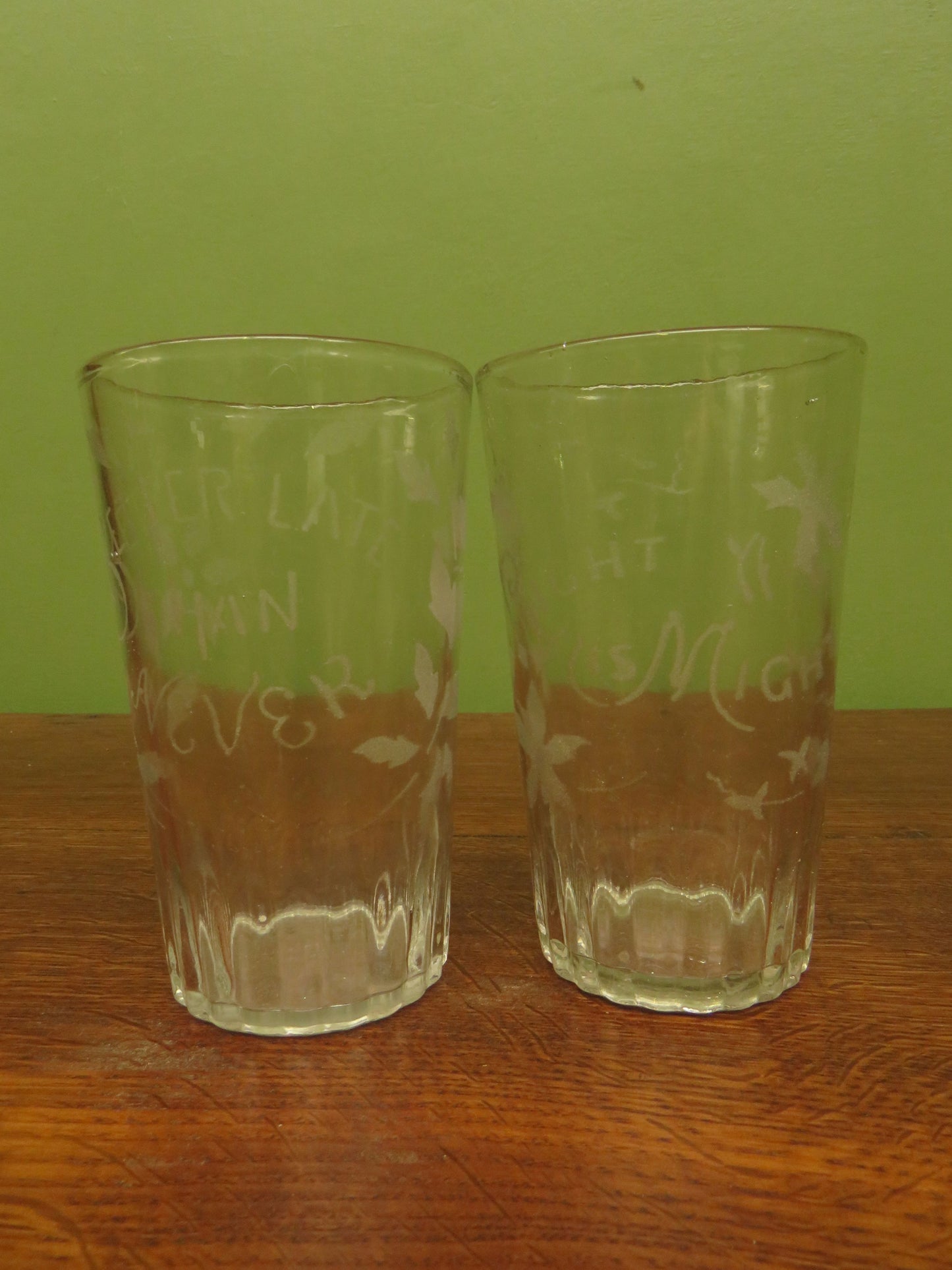 Antique Motto glasses, 19th Century engraved antique glasses x 2