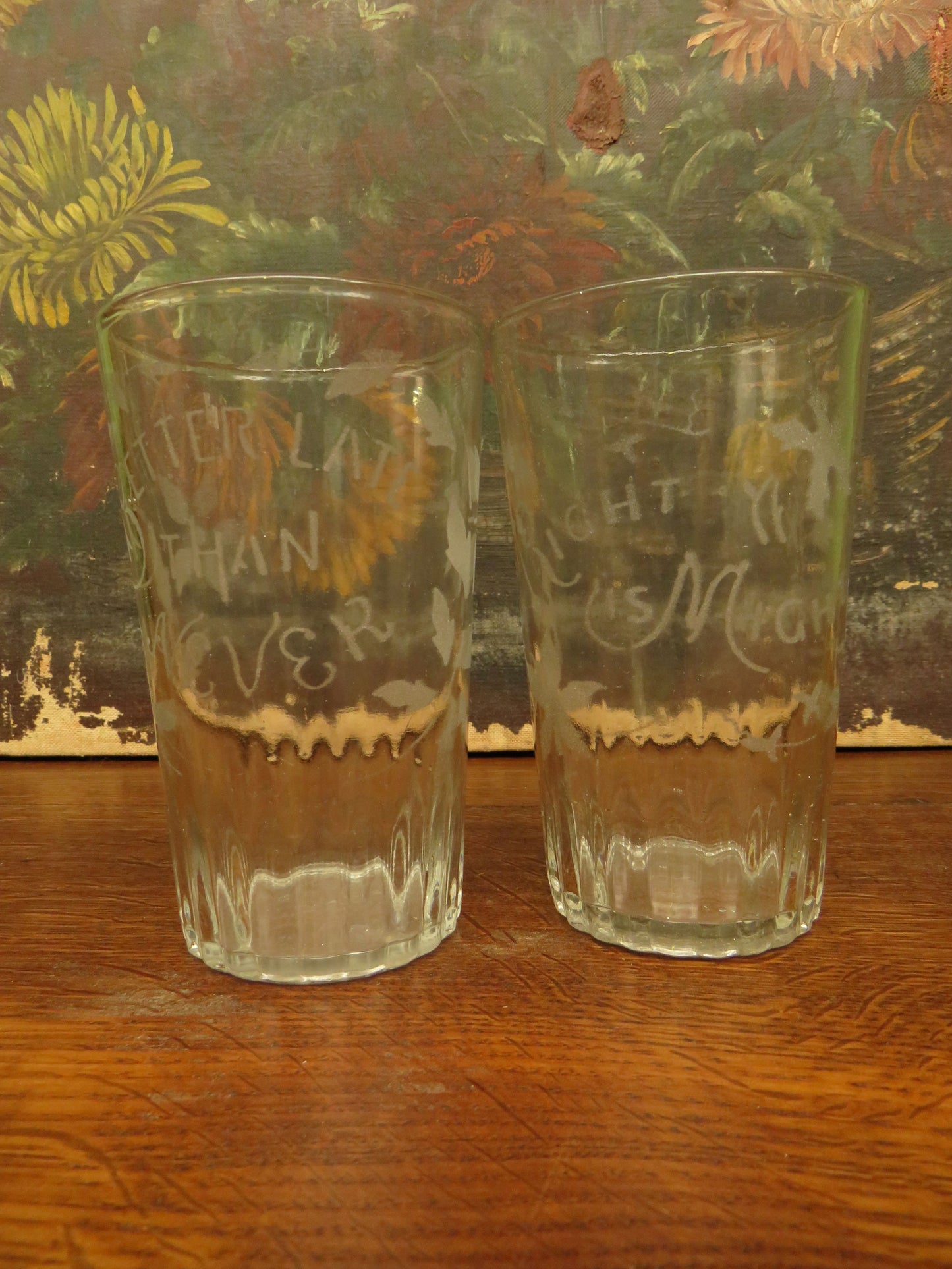 Antique Motto glasses, 19th Century engraved antique glasses x 2