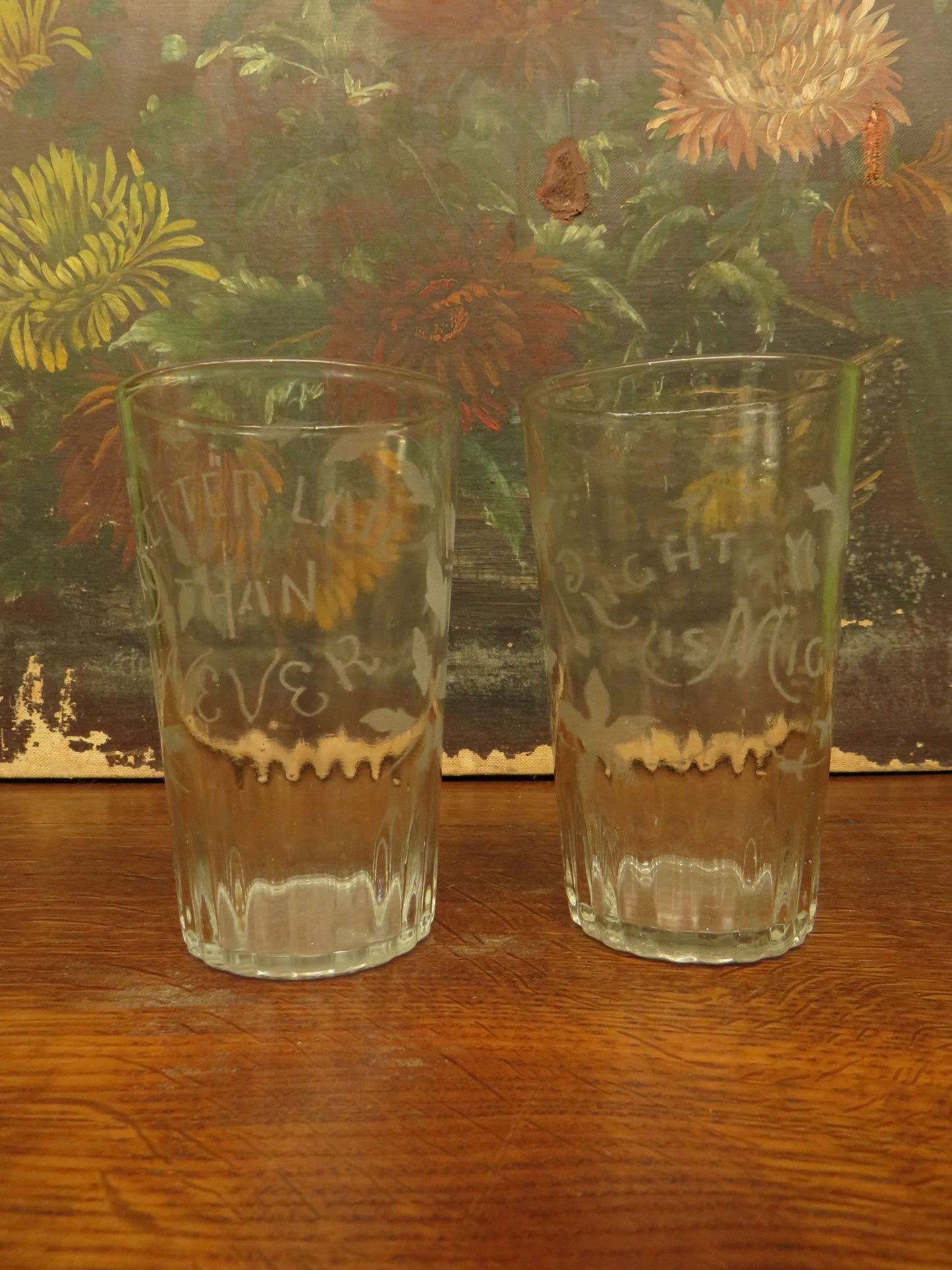Antique Motto glasses, 19th Century engraved antique glasses x 2