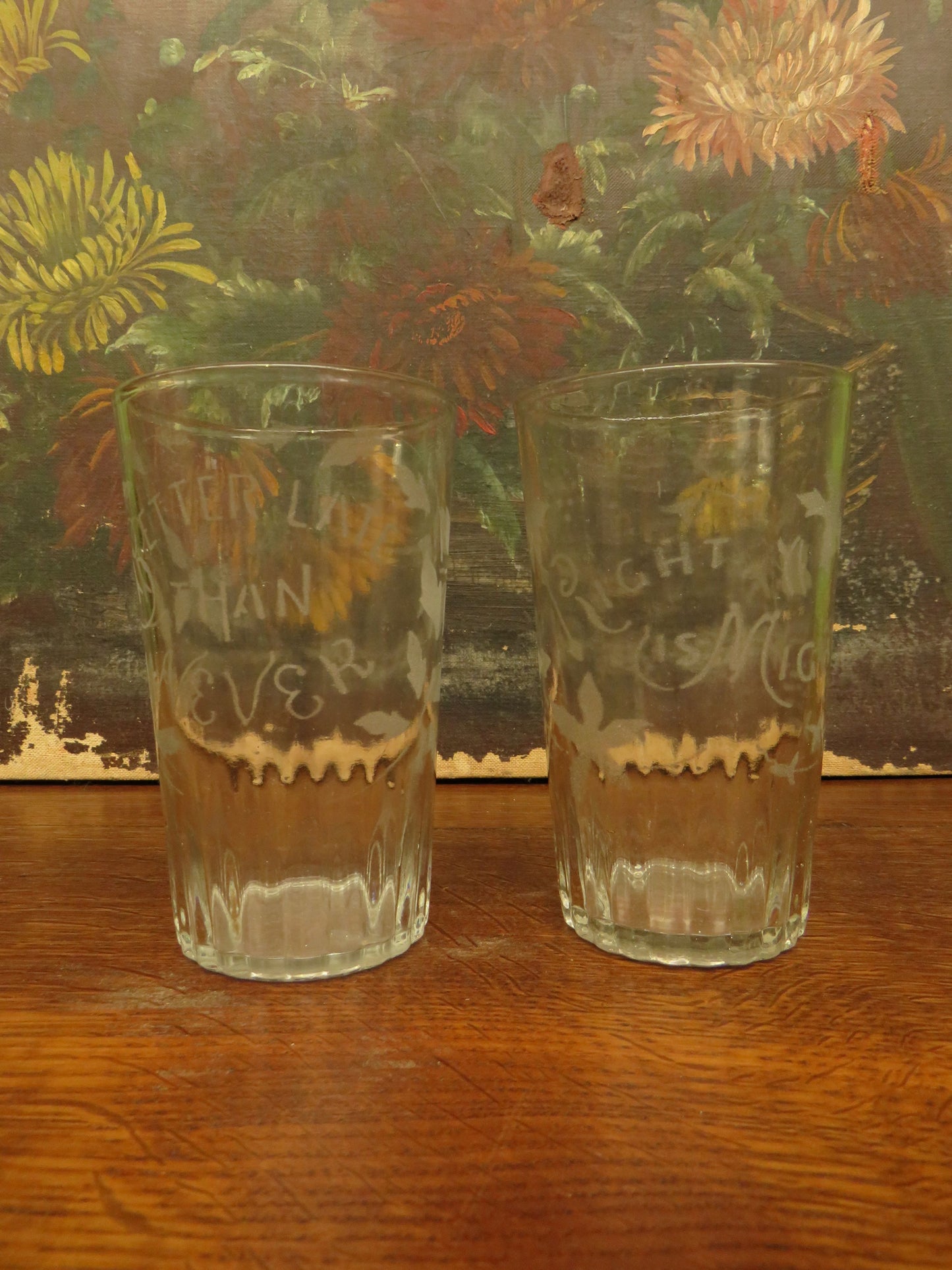 Antique Motto glasses, 19th Century engraved antique glasses x 2