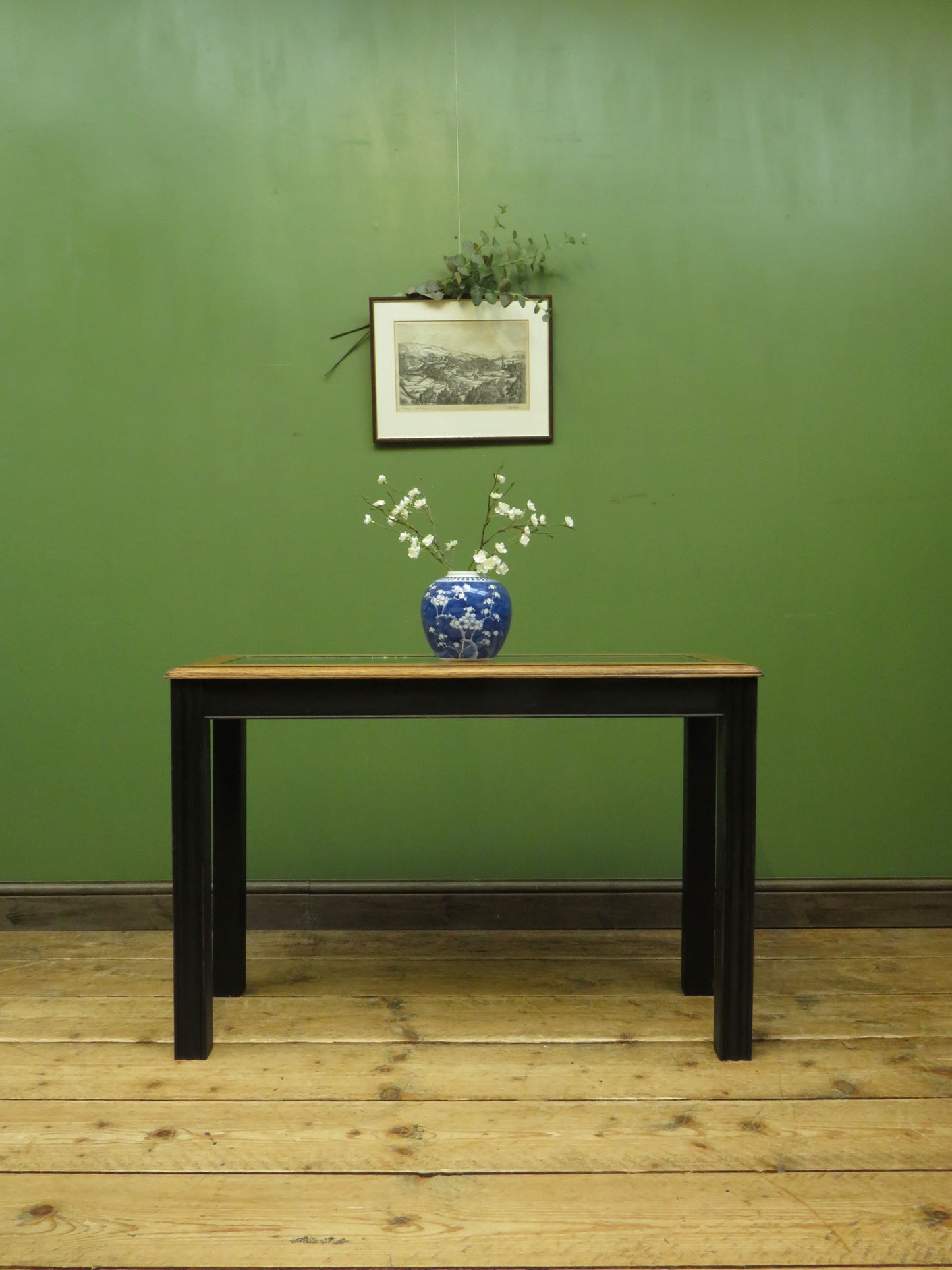 Black Painted Vitrine Display Console Table with Glazed Top