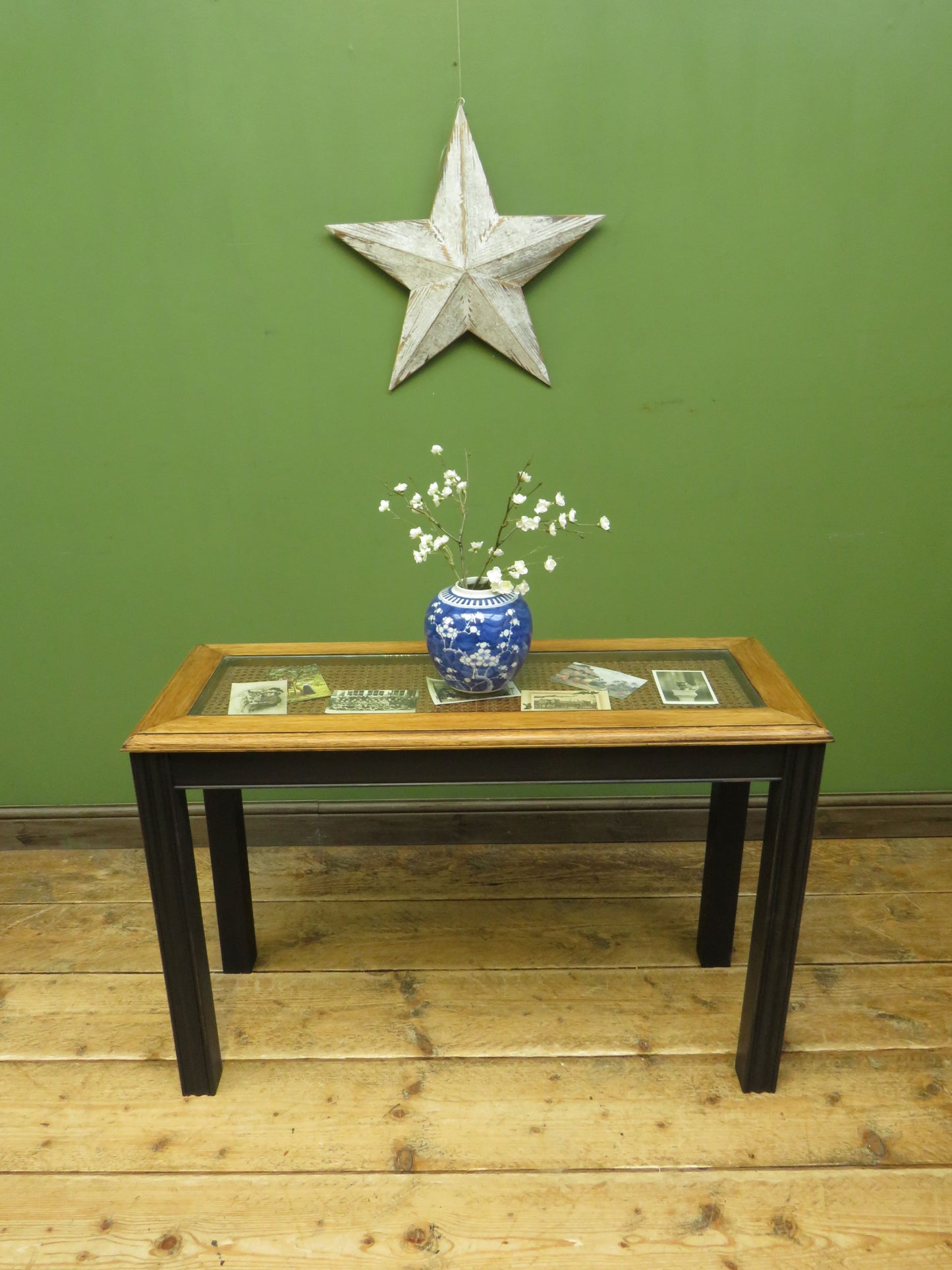 Black Painted Vitrine Display Console Table with Glazed Top