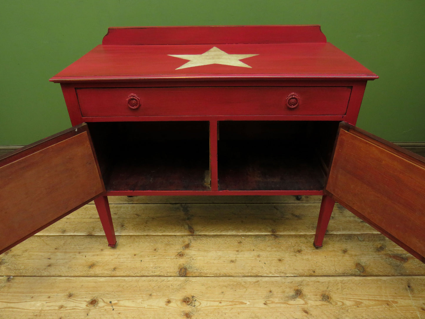 Circus Themed painted red Washstand Cabinet with star to top