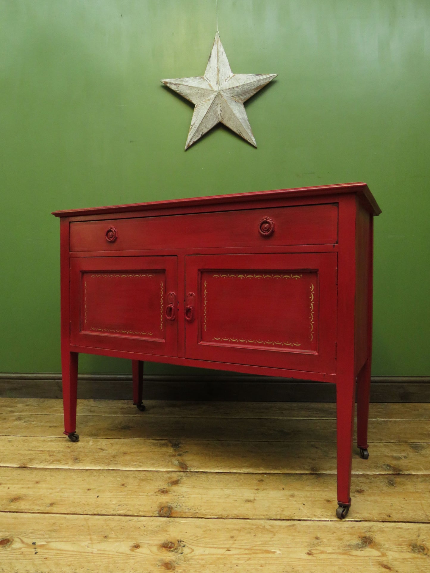 Circus Themed painted red Washstand Cabinet with star to top