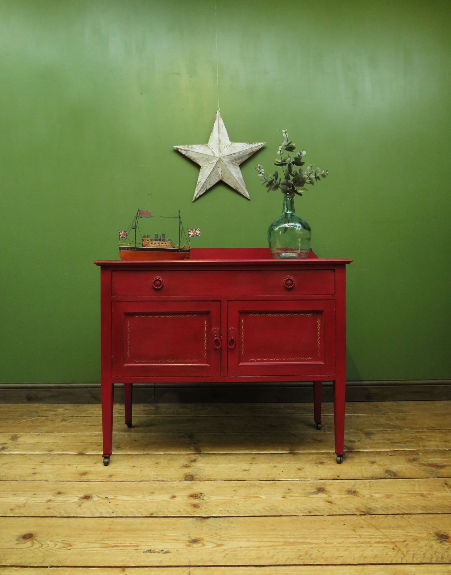 Circus Themed painted red Washstand Cabinet with star to top