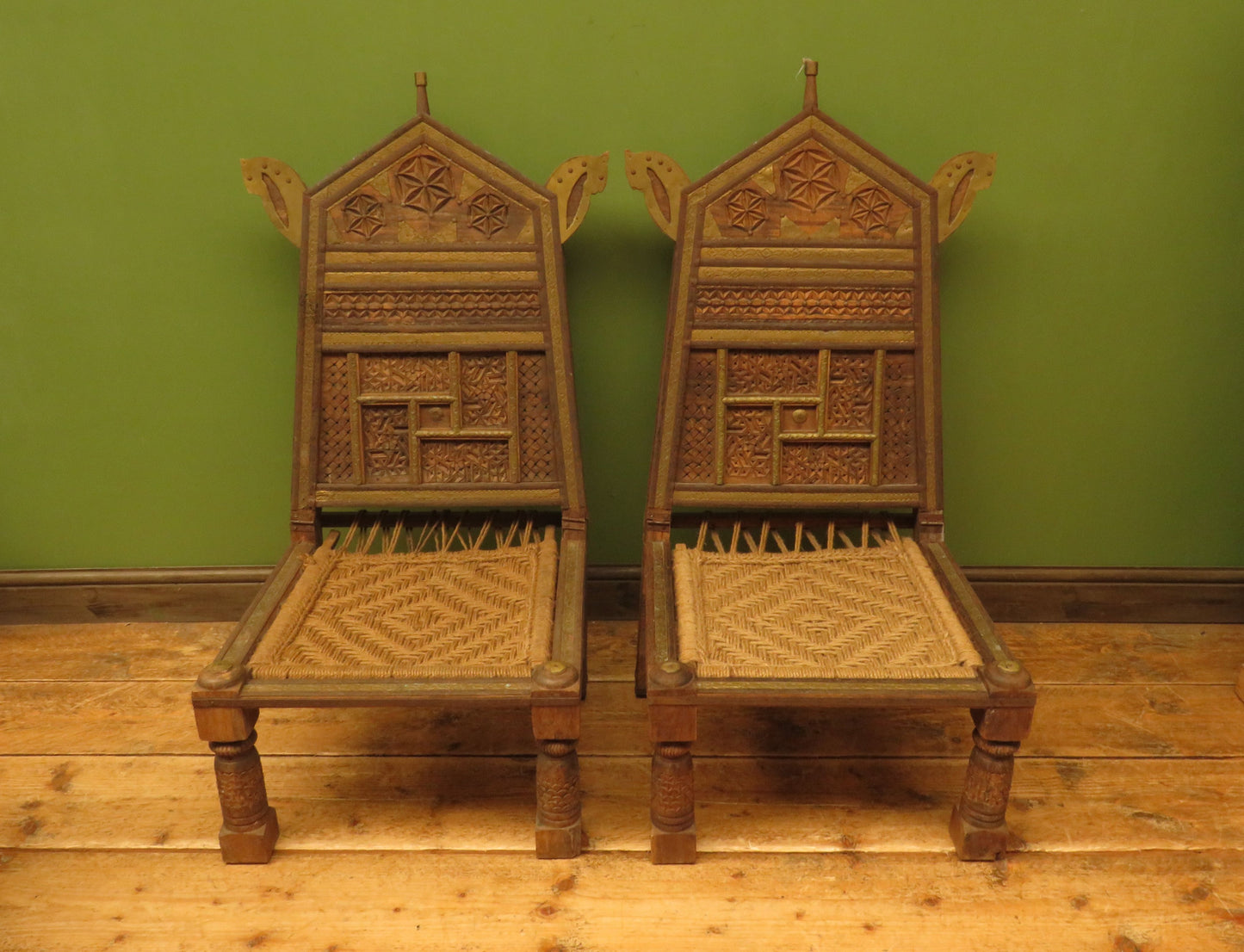 Carved North Indian Pidha Ceremonial Tribal Chairs