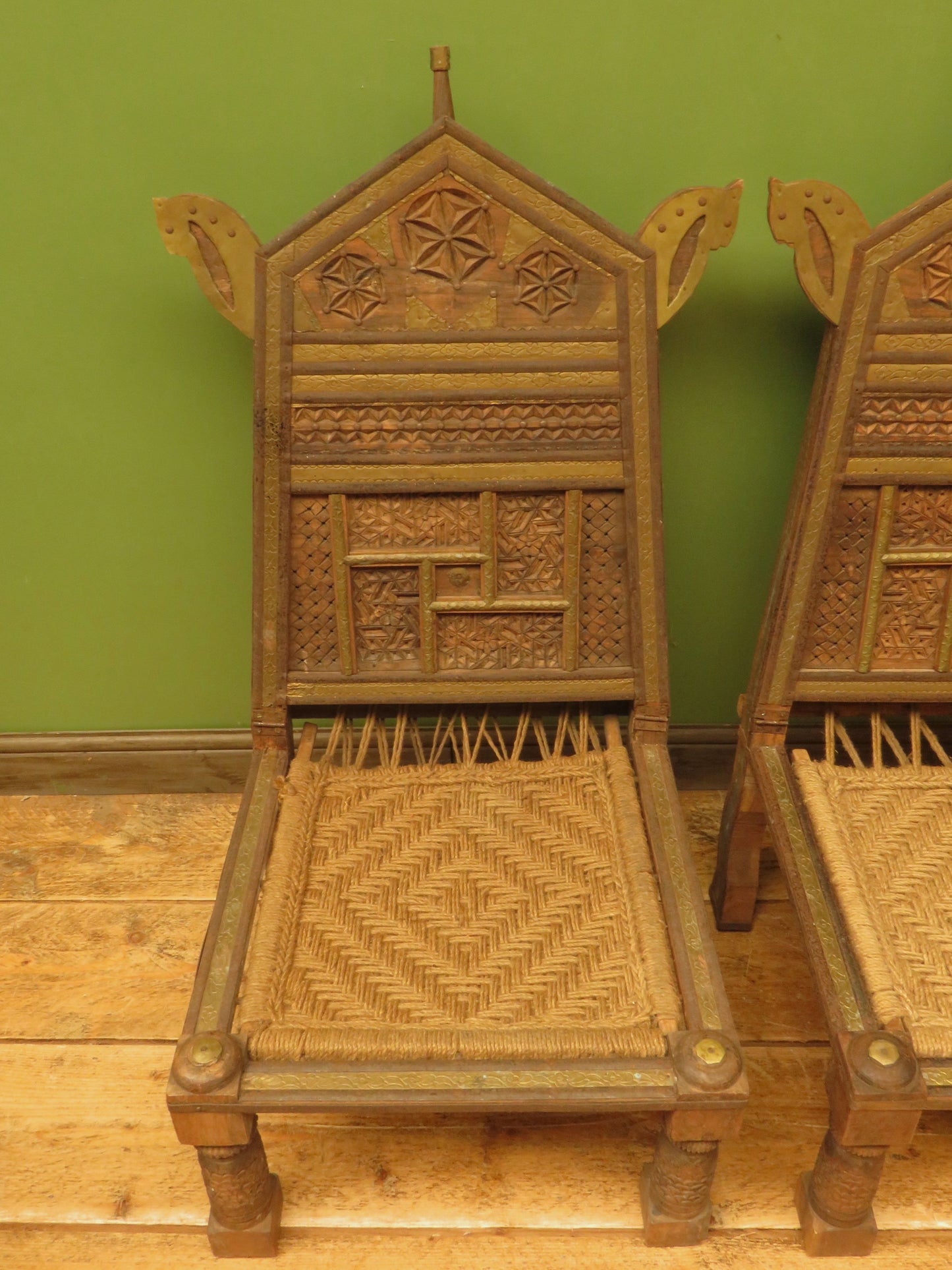 Carved North Indian Pidha Ceremonial Tribal Chairs