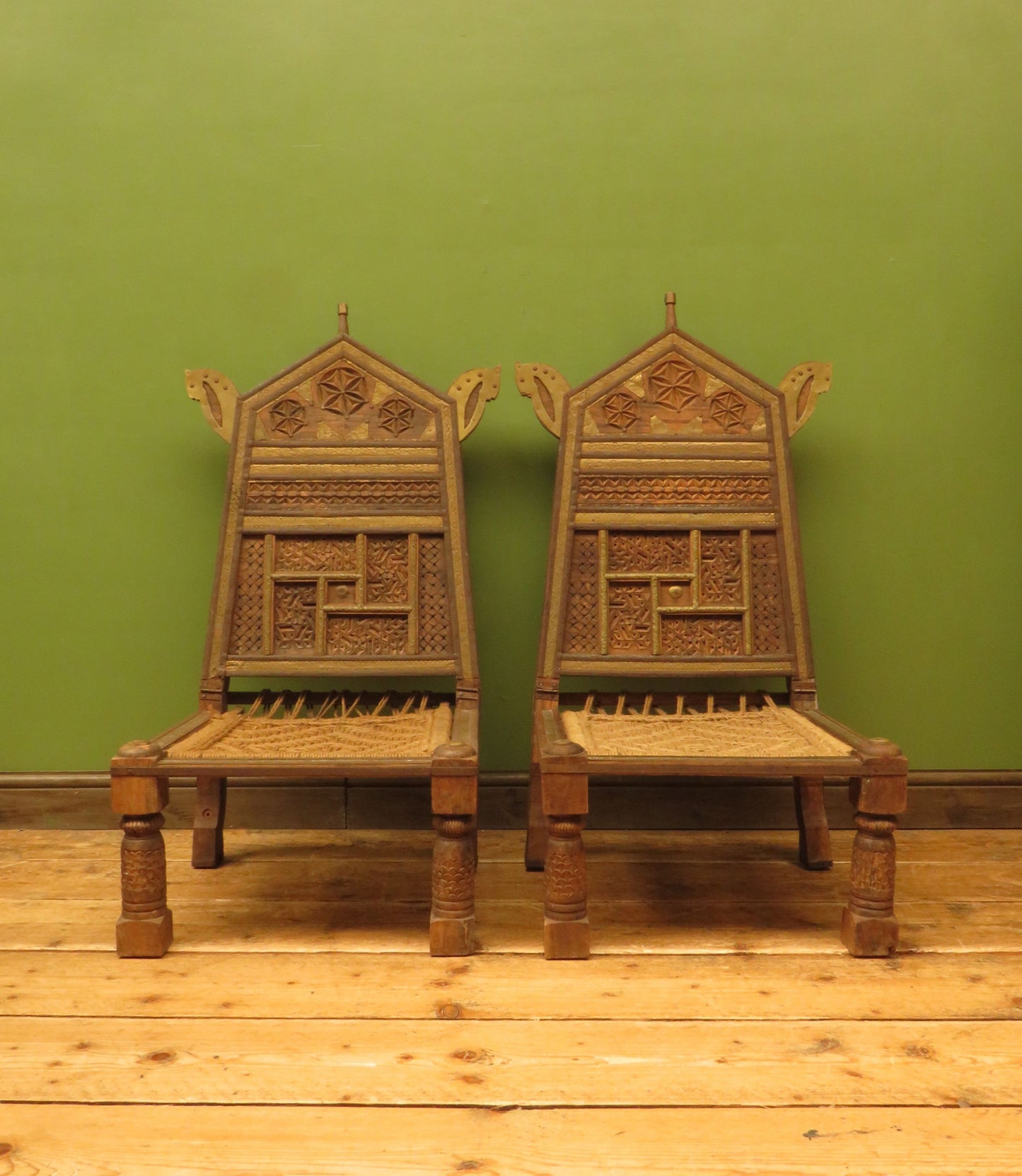 Carved North Indian Pidha Ceremonial Tribal Chairs