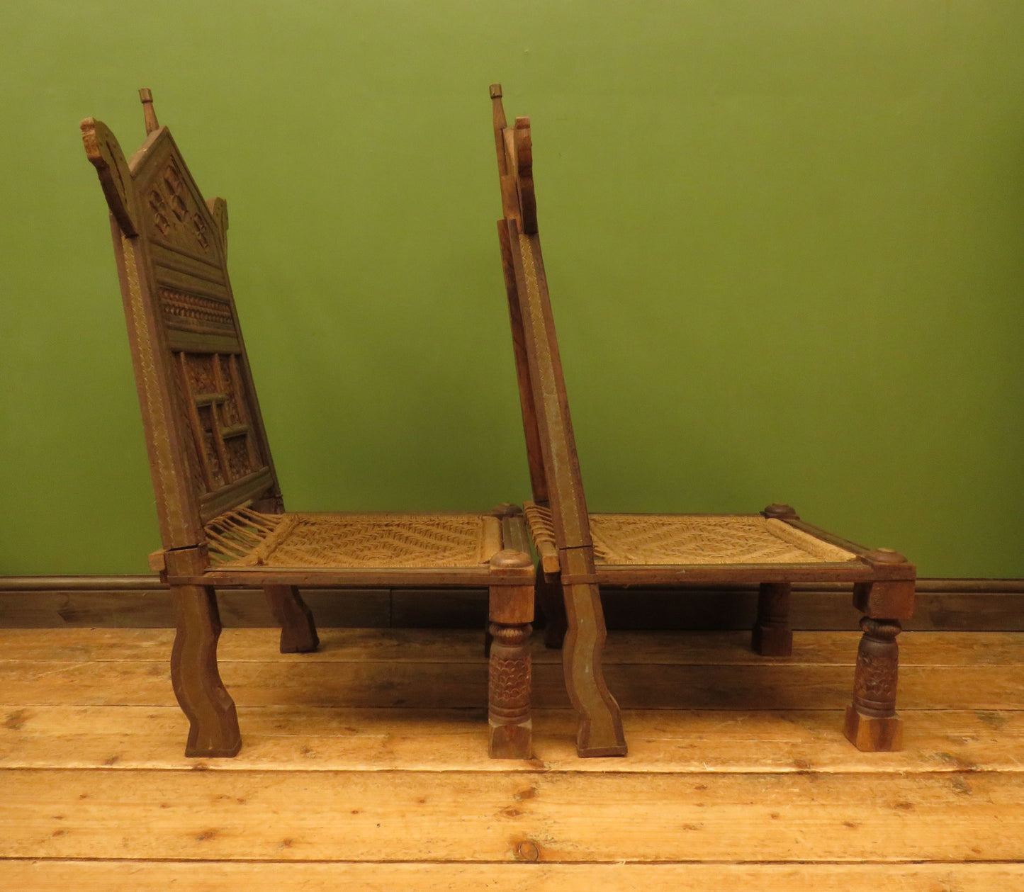 Carved North Indian Pidha Ceremonial Tribal Chairs