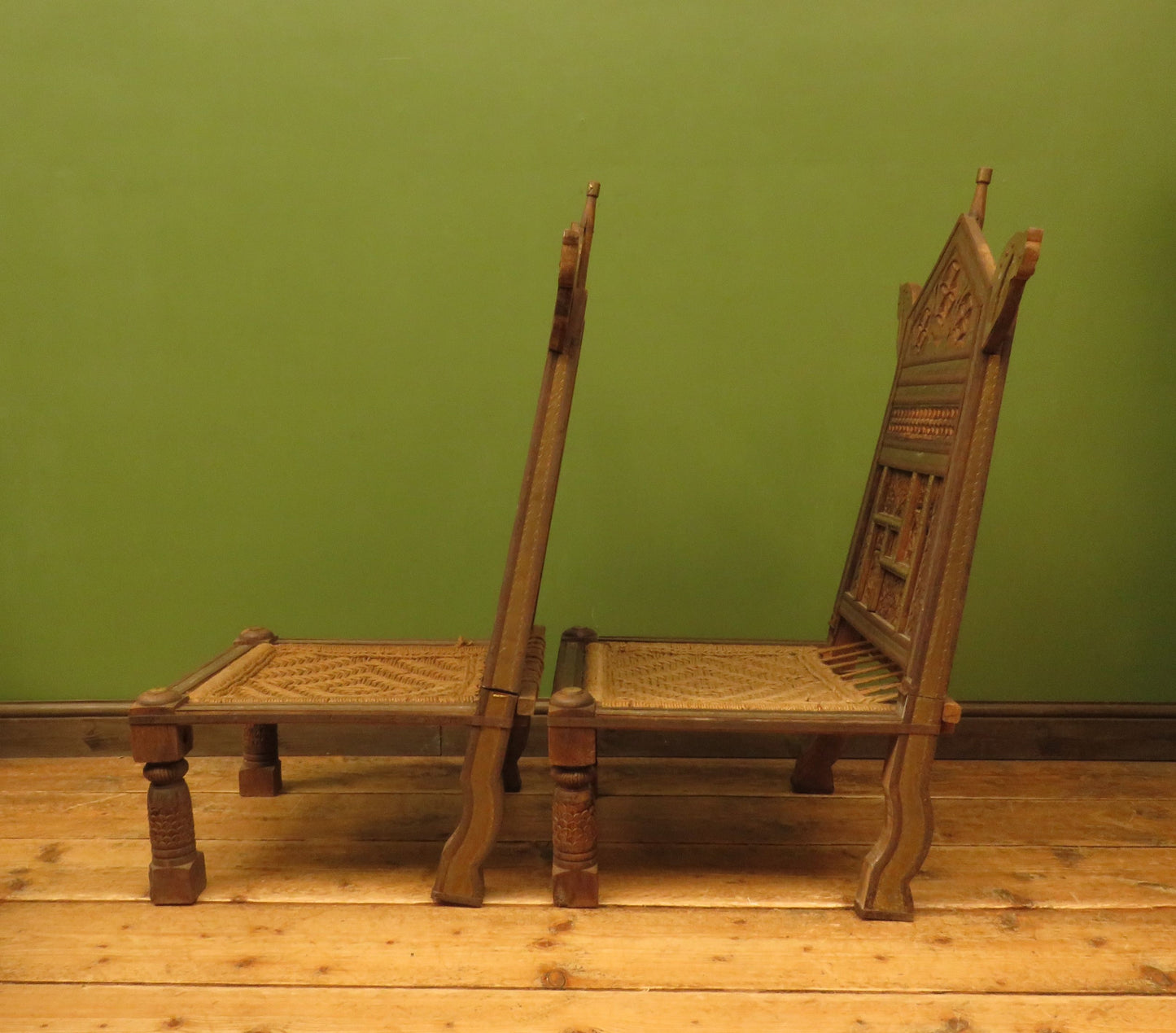 Carved North Indian Pidha Ceremonial Tribal Chairs