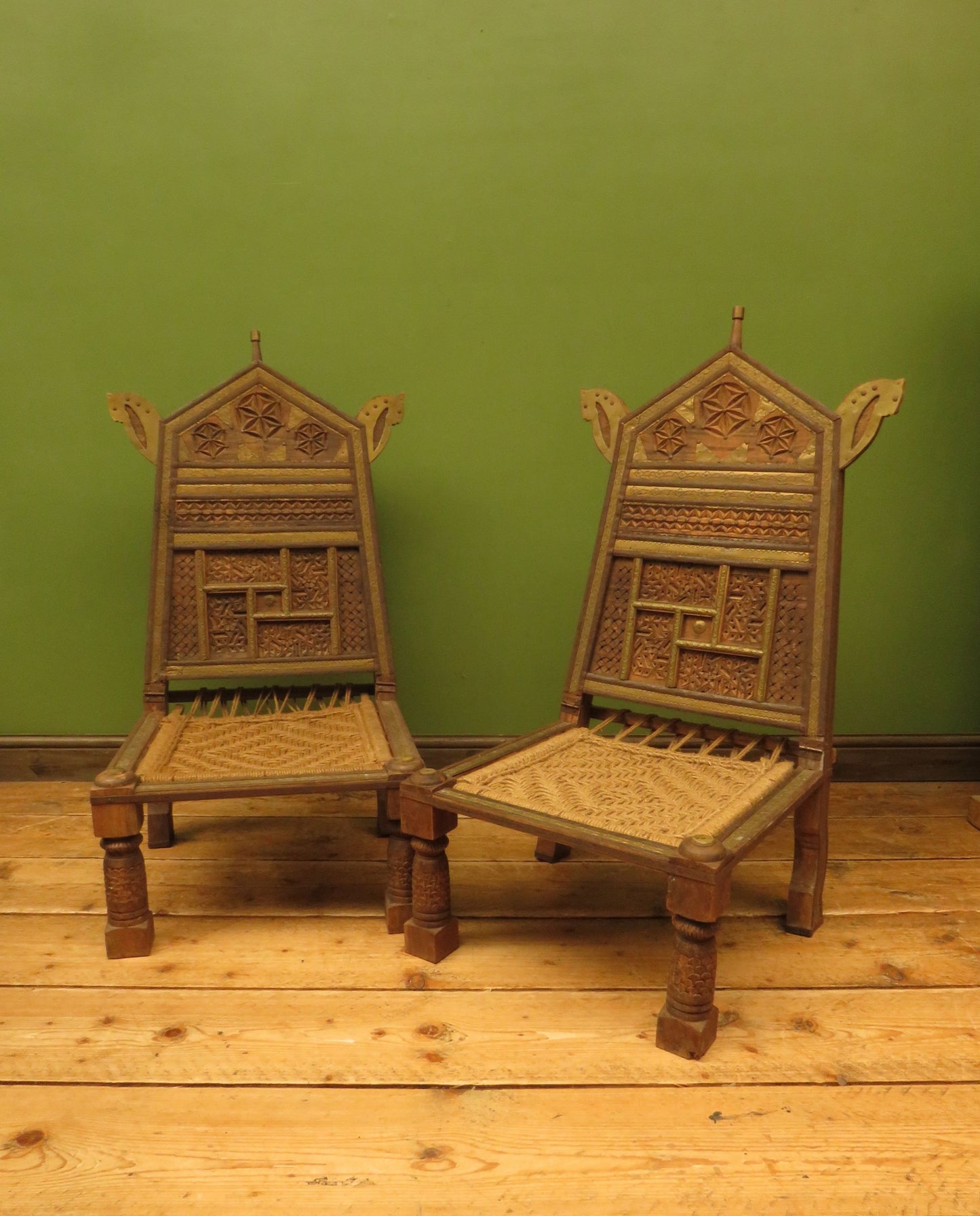 Carved North Indian Pidha Ceremonial Tribal Chairs