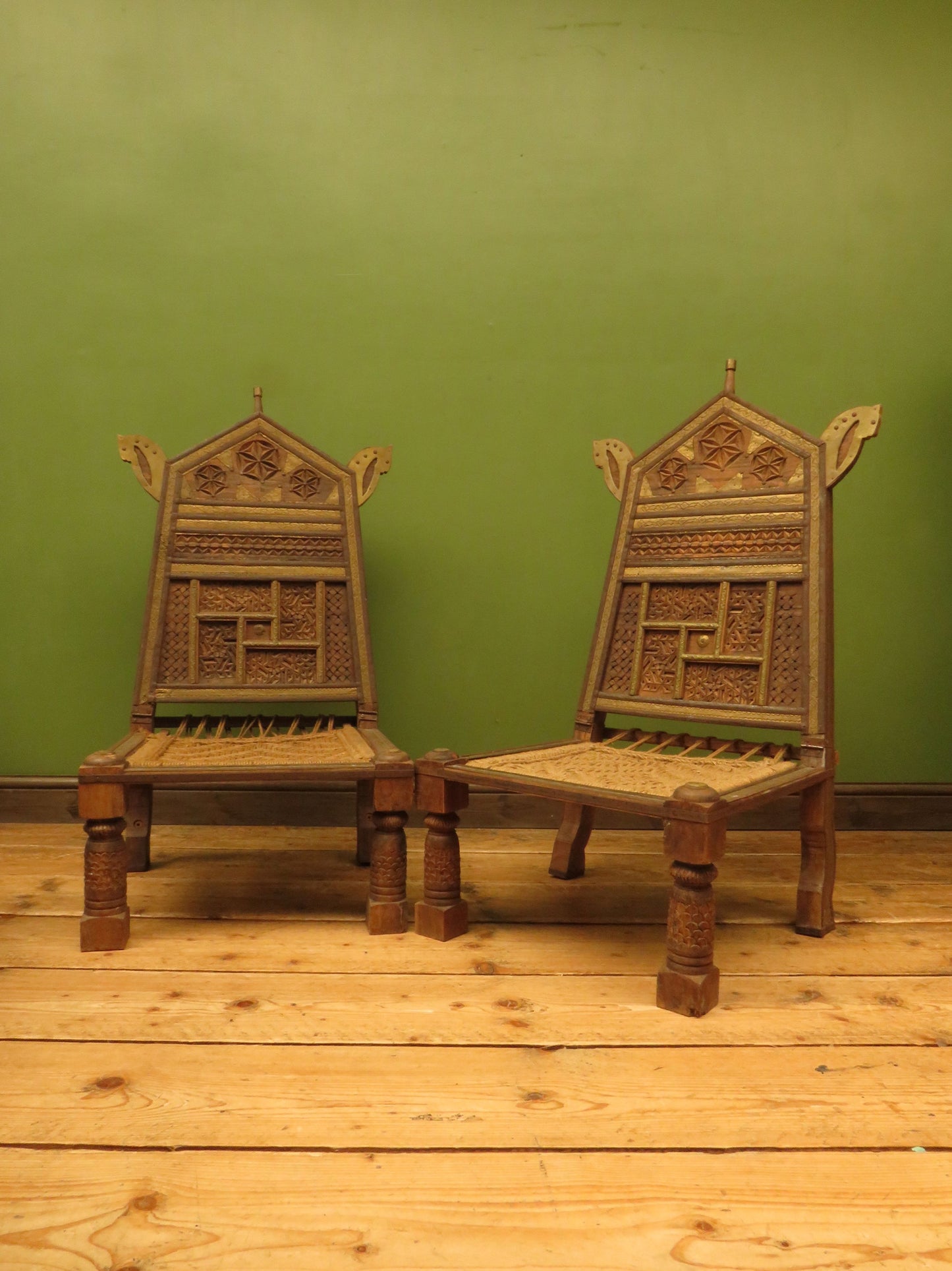 Carved North Indian Pidha Ceremonial Tribal Chairs