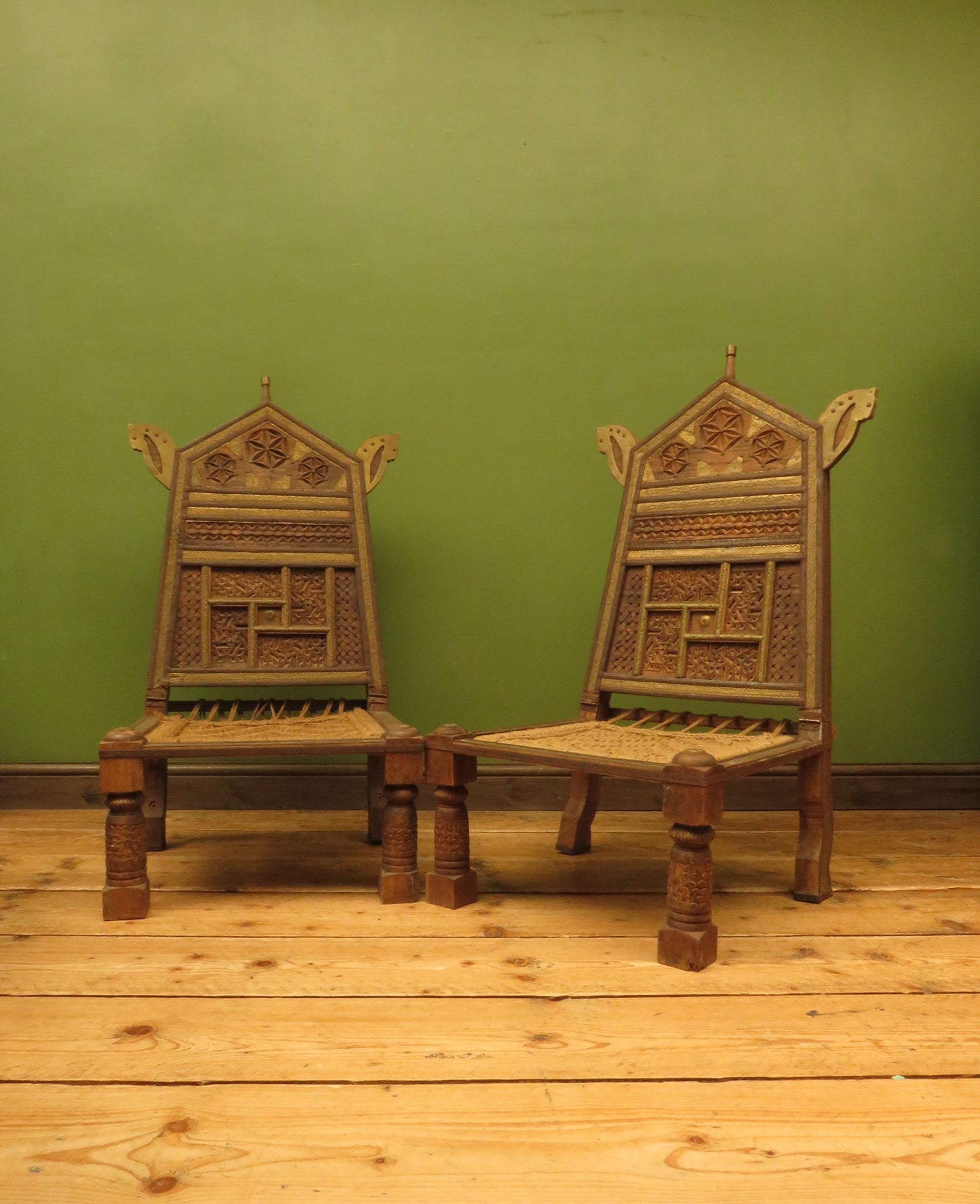 Carved North Indian Pidha Ceremonial Tribal Chairs