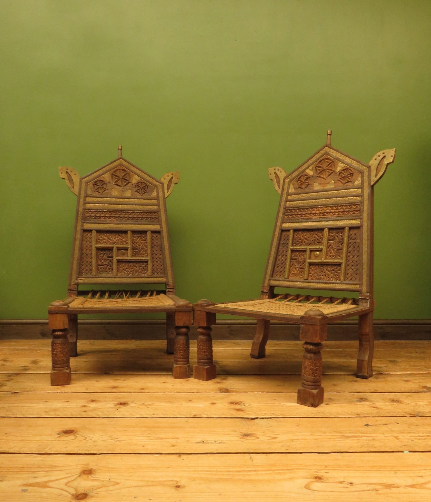 Carved North Indian Pidha Ceremonial Tribal Chairs