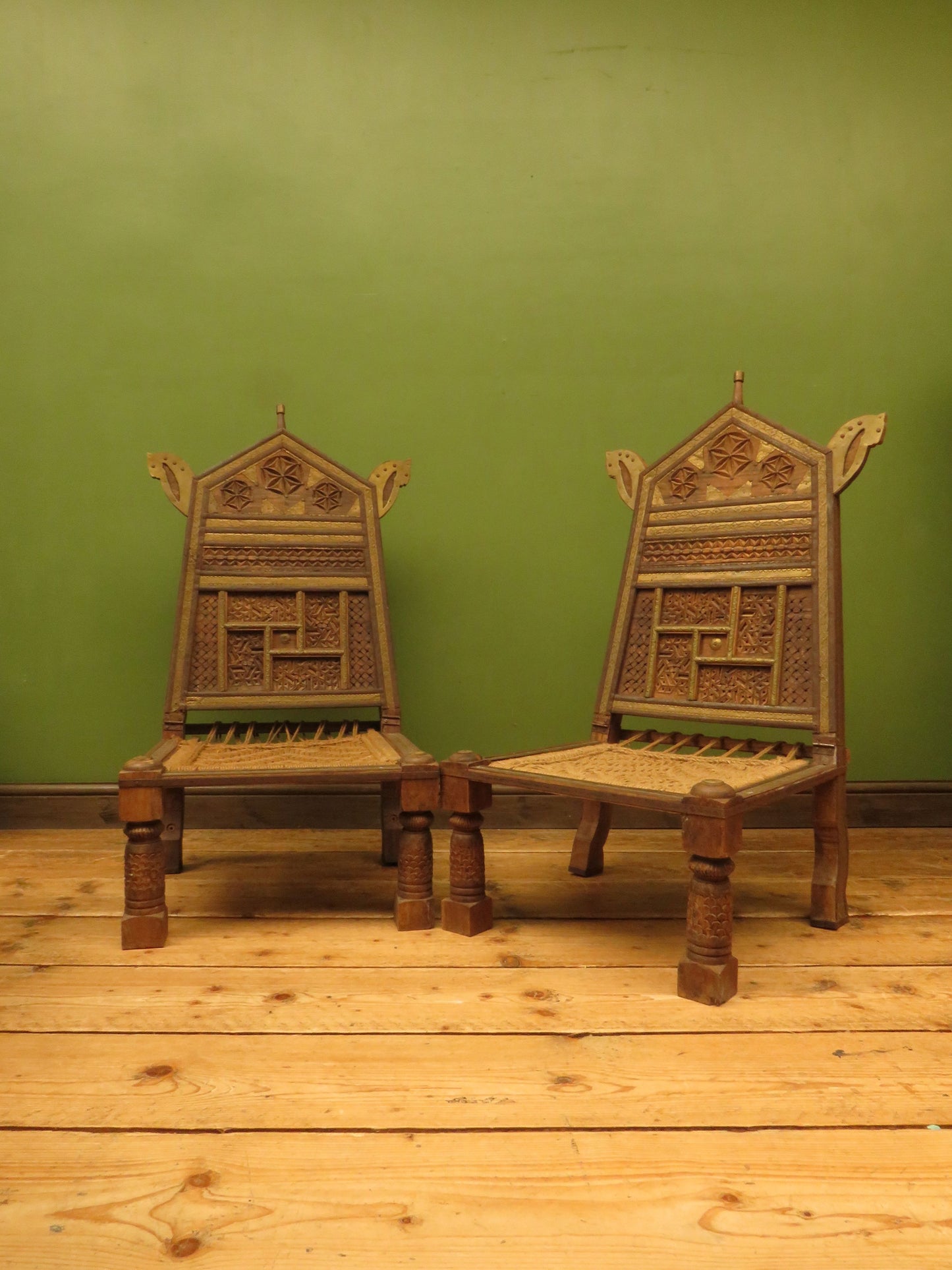 Carved North Indian Pidha Ceremonial Tribal Chairs