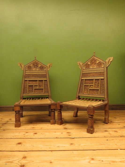 Carved North Indian Pidha Ceremonial Tribal Chairs