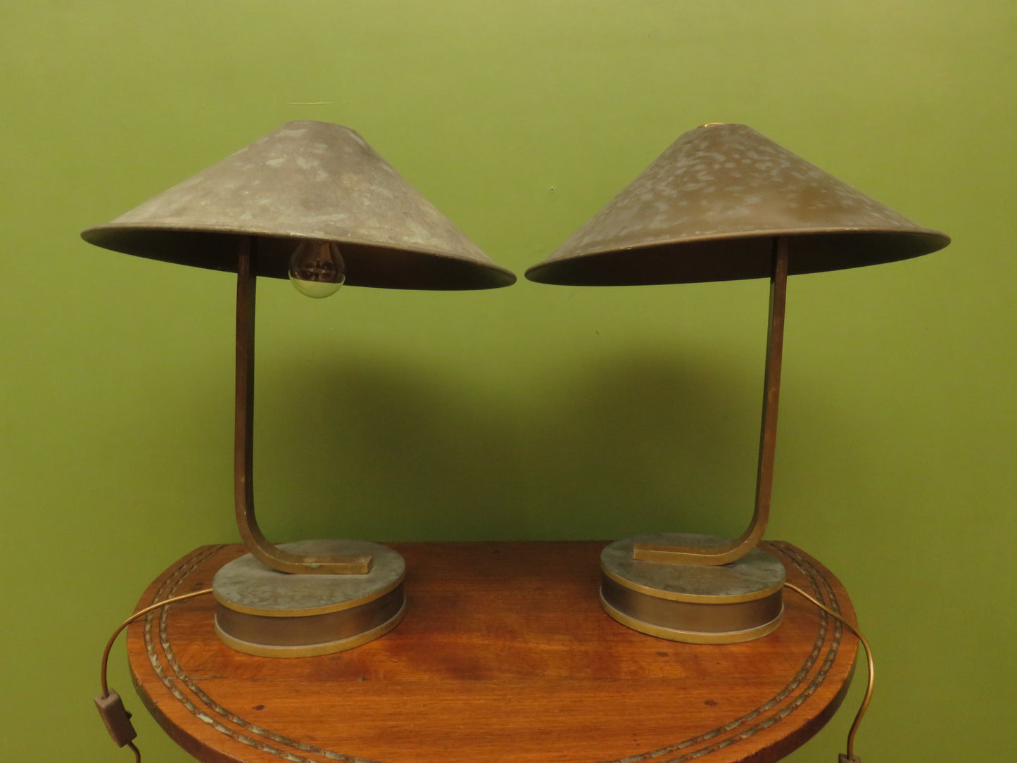 Pair of vintage Bauhaus Industrial style table lamps with conical metal shades