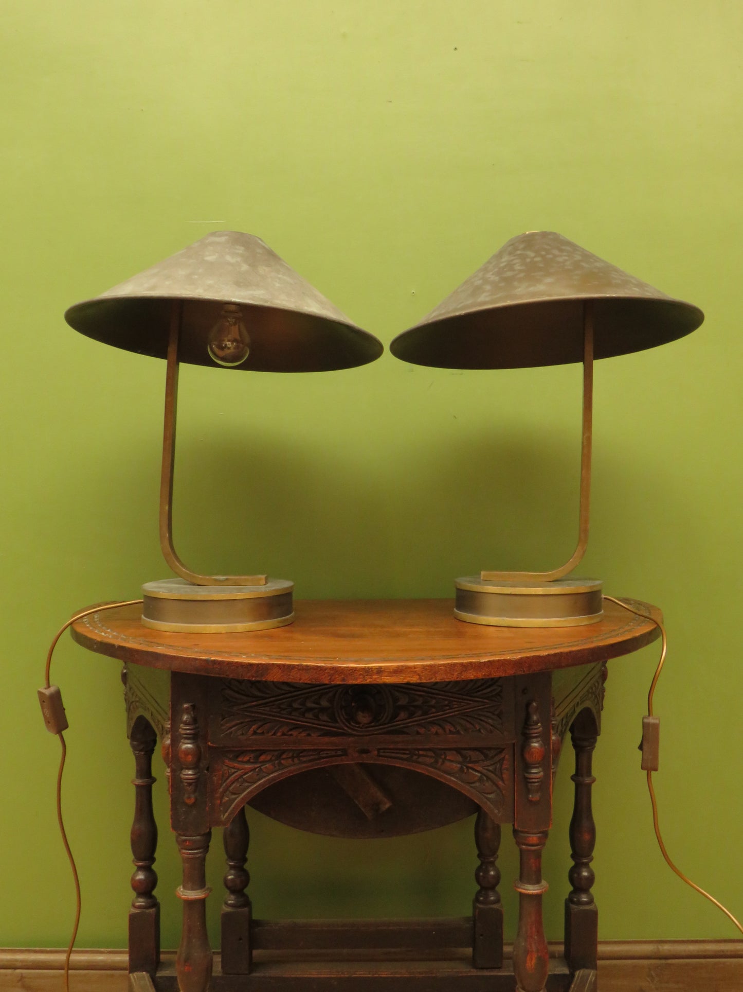 Pair of vintage Bauhaus Industrial style table lamps with conical metal shades