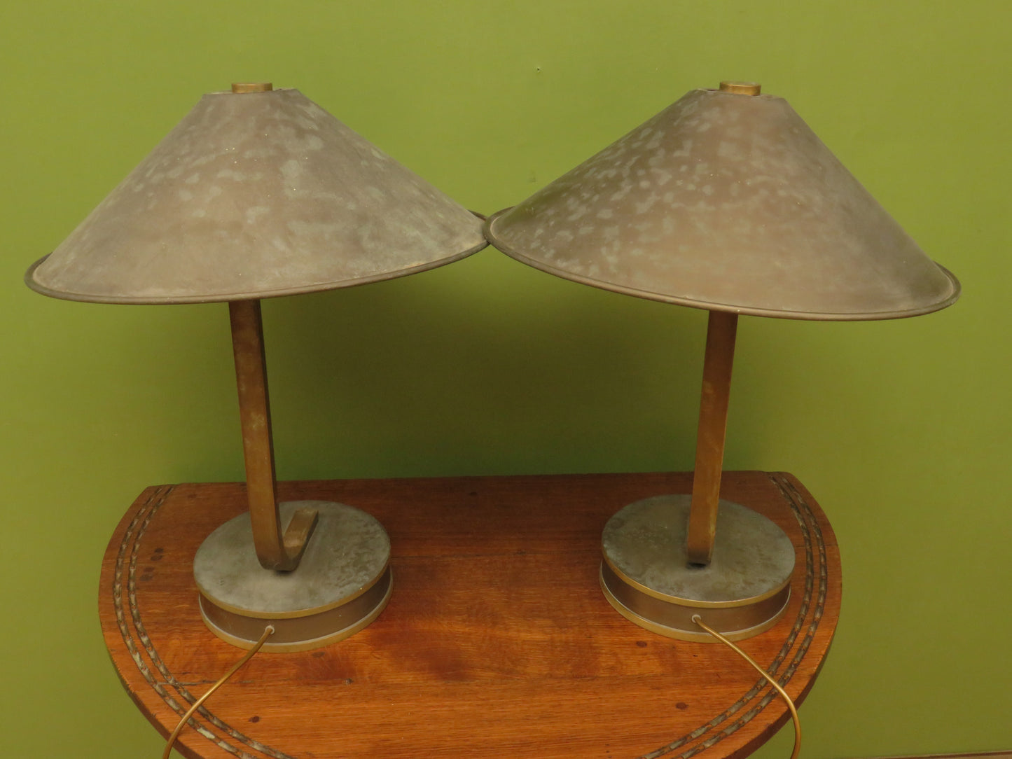 Pair of vintage Bauhaus Industrial style table lamps with conical metal shades