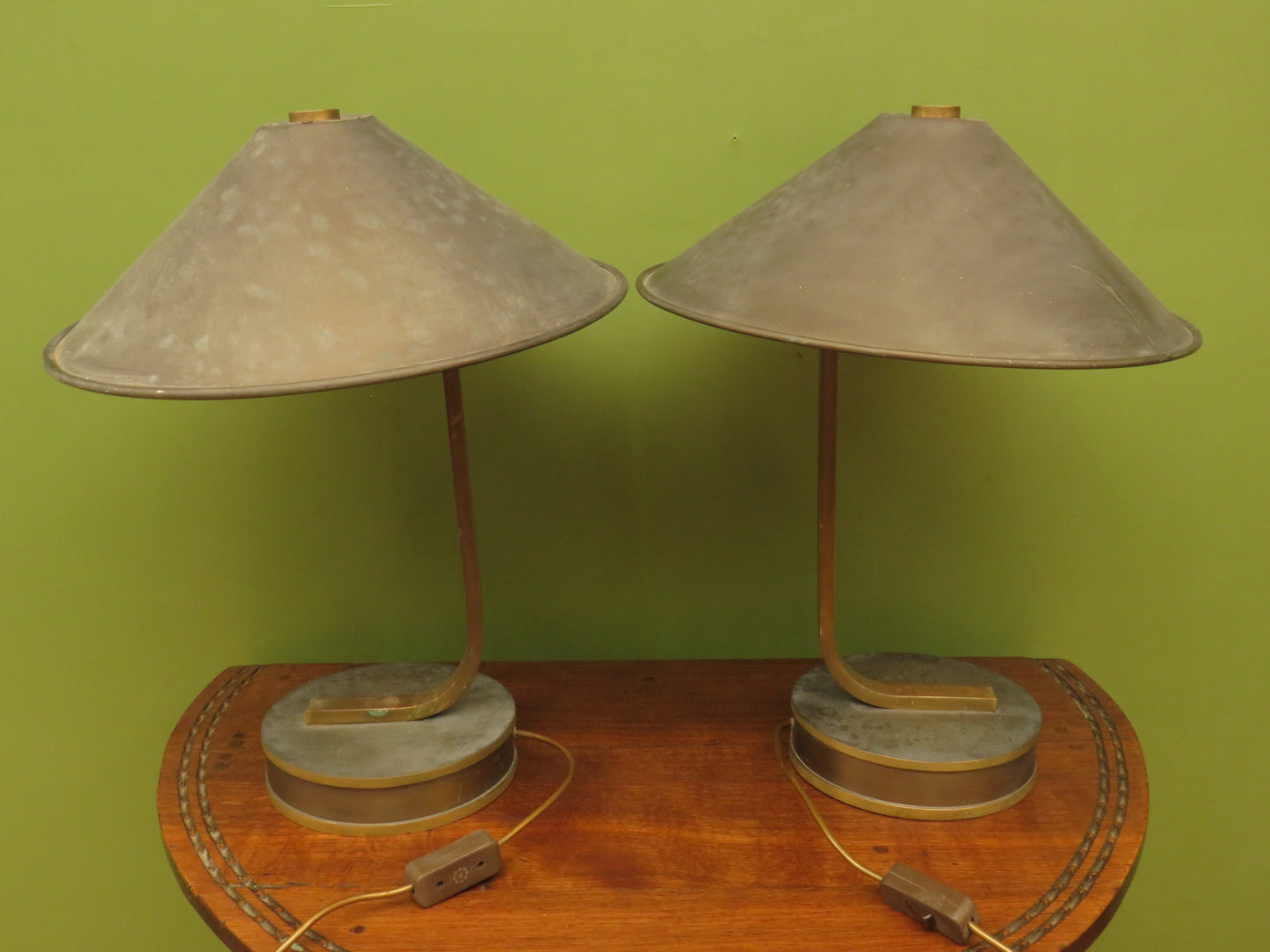 Pair of vintage Bauhaus Industrial style table lamps with conical metal shades