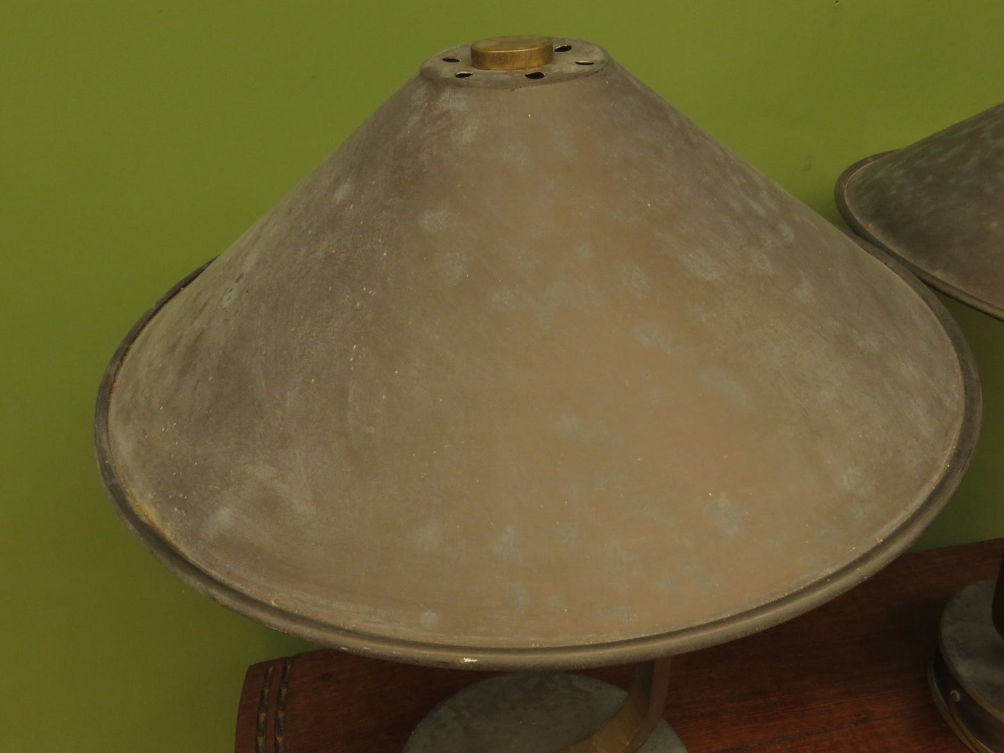 Pair of vintage Bauhaus Industrial style table lamps with conical metal shades