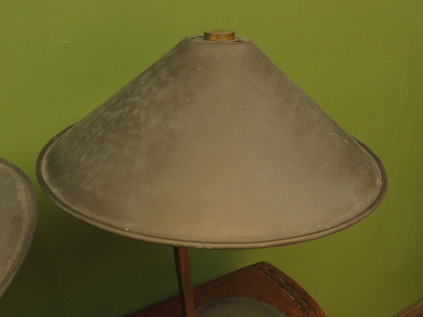 Pair of vintage Bauhaus Industrial style table lamps with conical metal shades