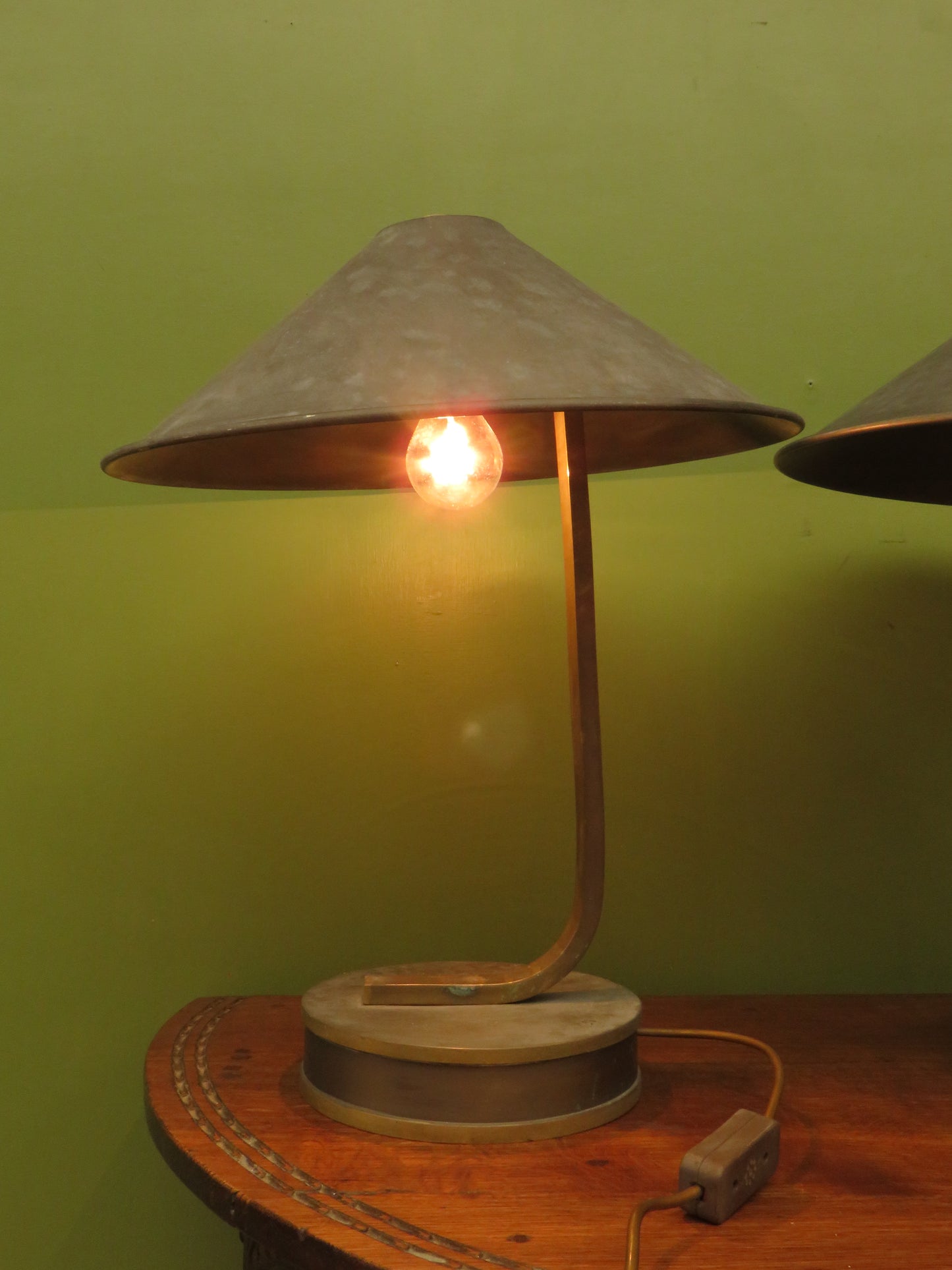 Pair of vintage Bauhaus Industrial style table lamps with conical metal shades