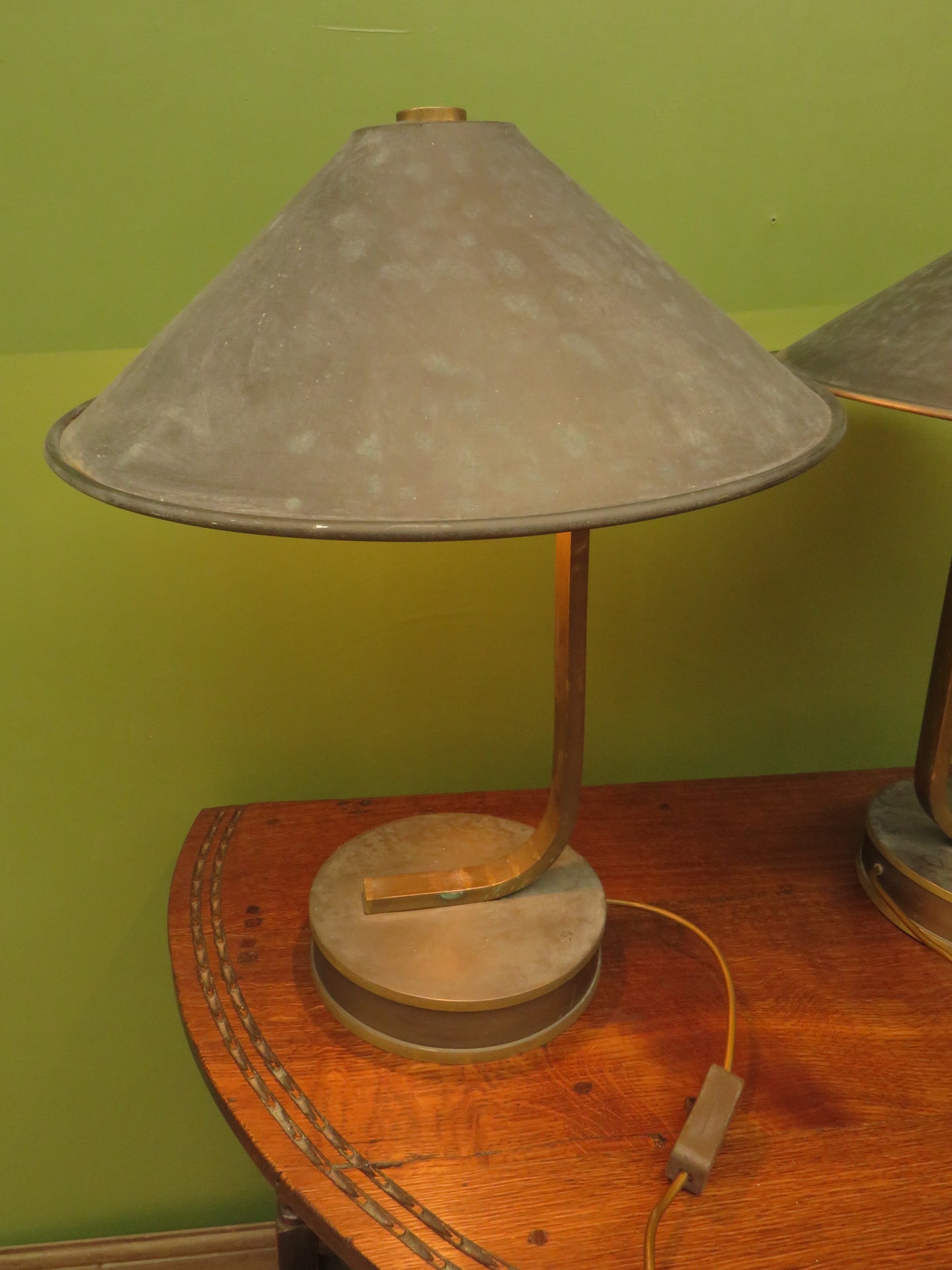 Pair of vintage Bauhaus Industrial style table lamps with conical metal shades
