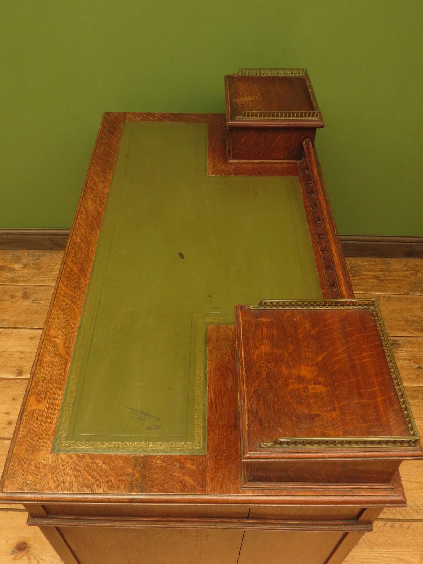 Imposing Antique Estate Managers Oak Pedestal Desk with Green Leather Top