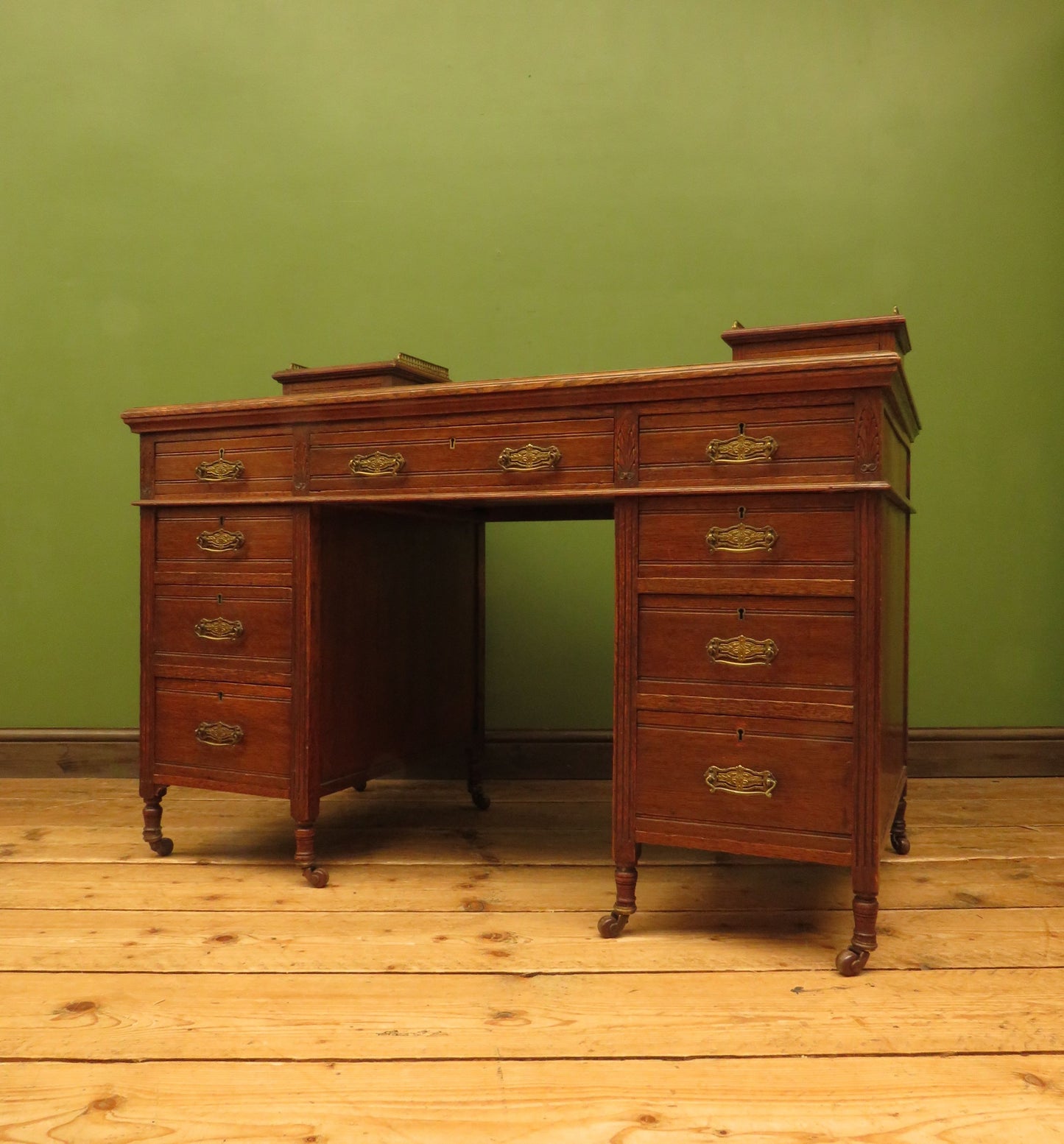 Imposing Antique Estate Managers Oak Pedestal Desk with Green Leather Top