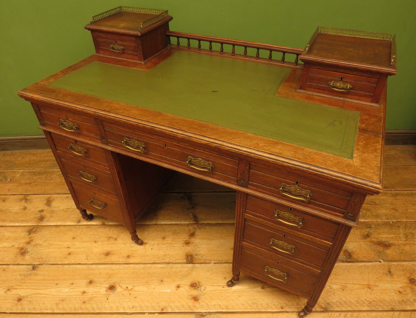 Imposing Antique Estate Managers Oak Pedestal Desk with Green Leather Top
