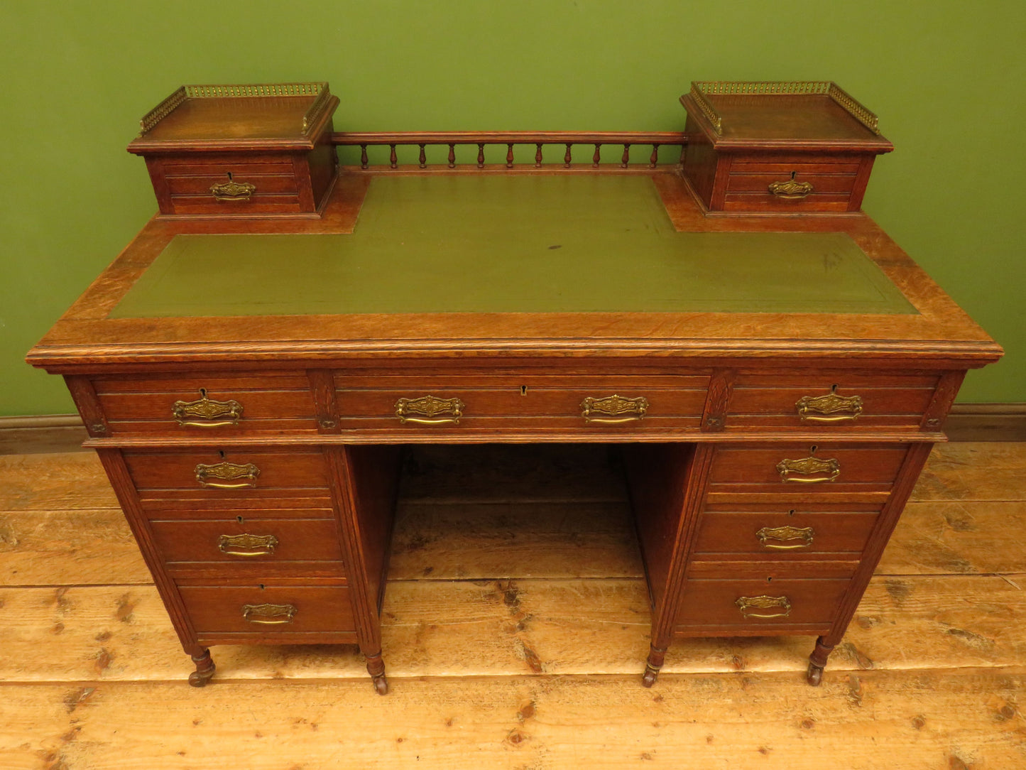 Imposing Antique Estate Managers Oak Pedestal Desk with Green Leather Top
