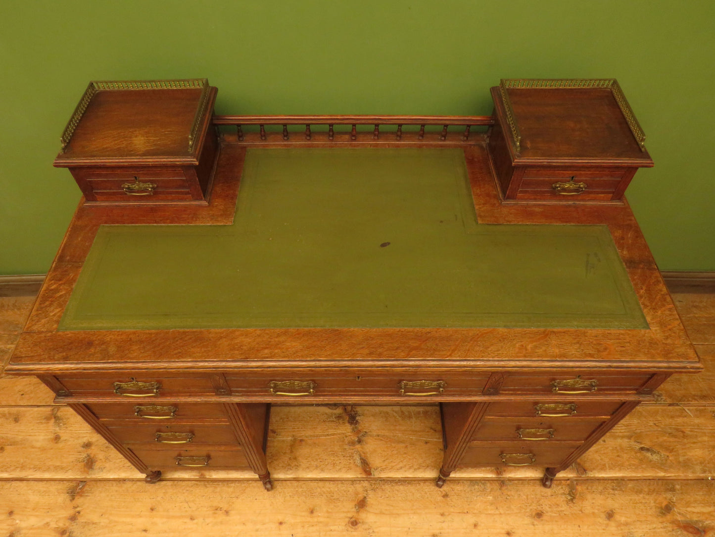 Imposing Antique Estate Managers Oak Pedestal Desk with Green Leather Top
