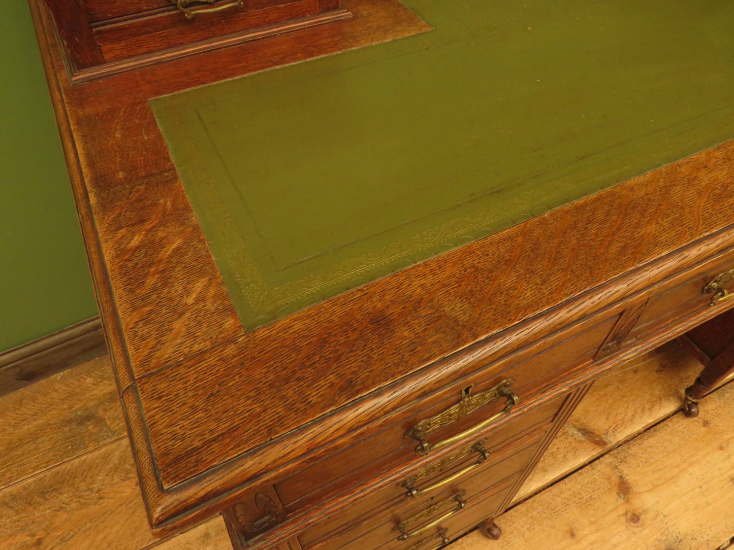 Imposing Antique Estate Managers Oak Pedestal Desk with Green Leather Top