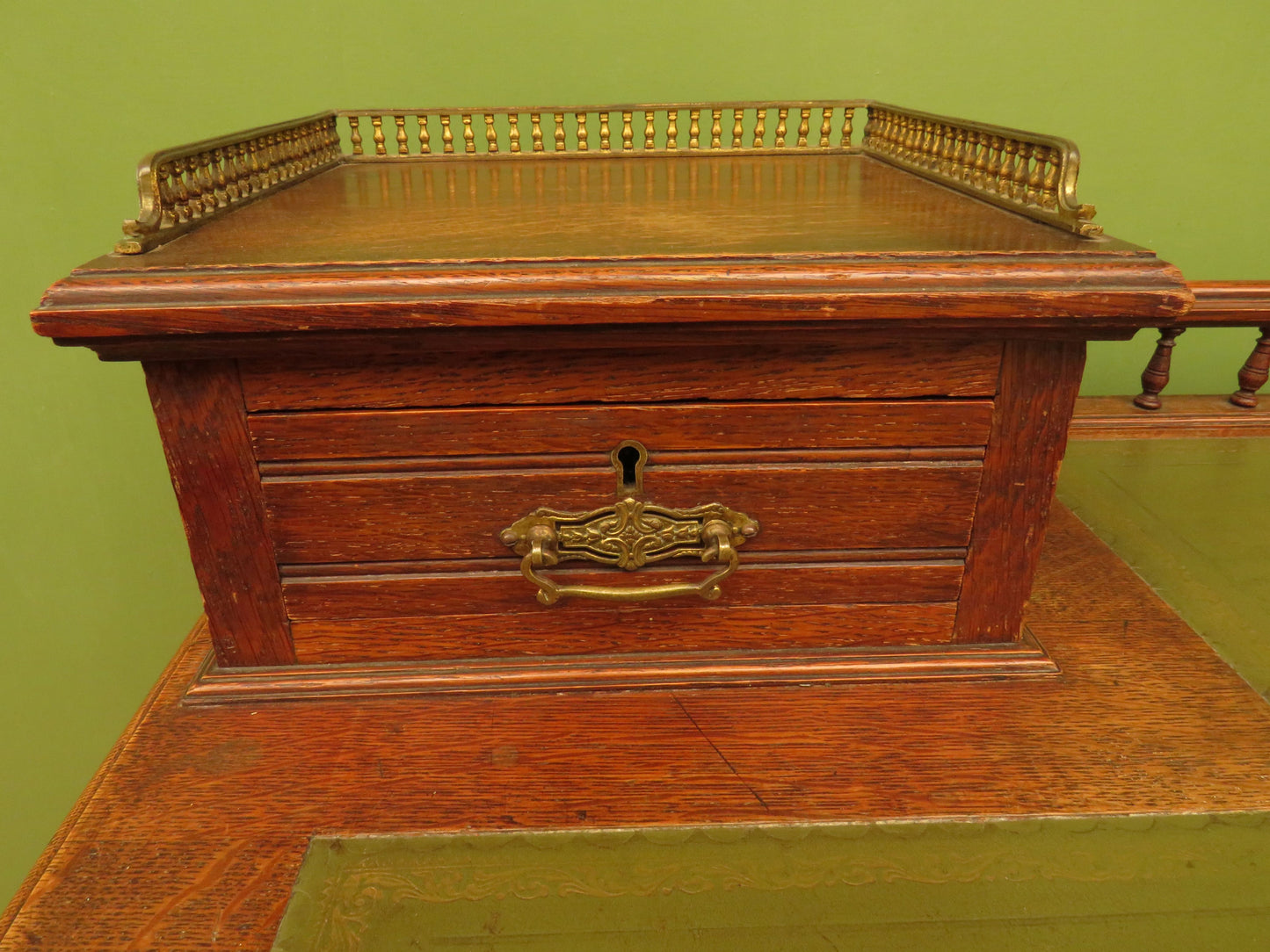 Imposing Antique Estate Managers Oak Pedestal Desk with Green Leather Top