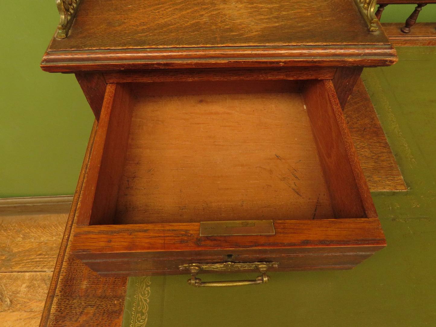 Imposing Antique Estate Managers Oak Pedestal Desk with Green Leather Top