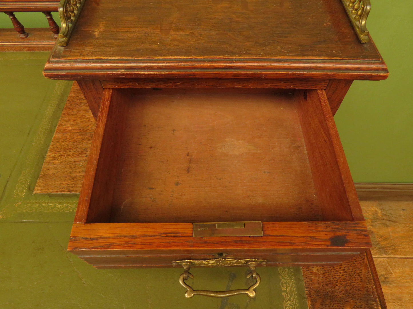 Imposing Antique Estate Managers Oak Pedestal Desk with Green Leather Top