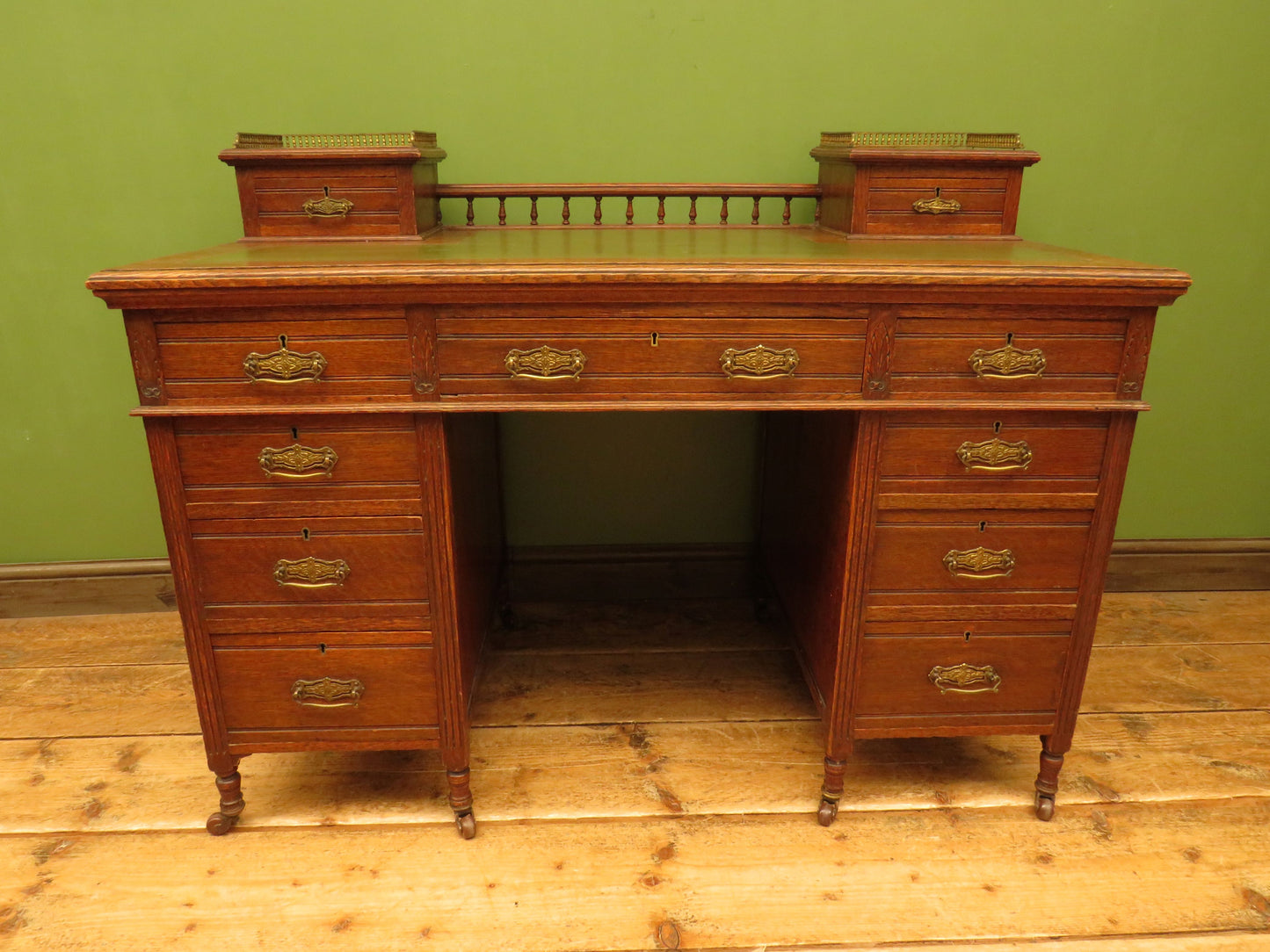 Imposing Antique Estate Managers Oak Pedestal Desk with Green Leather Top