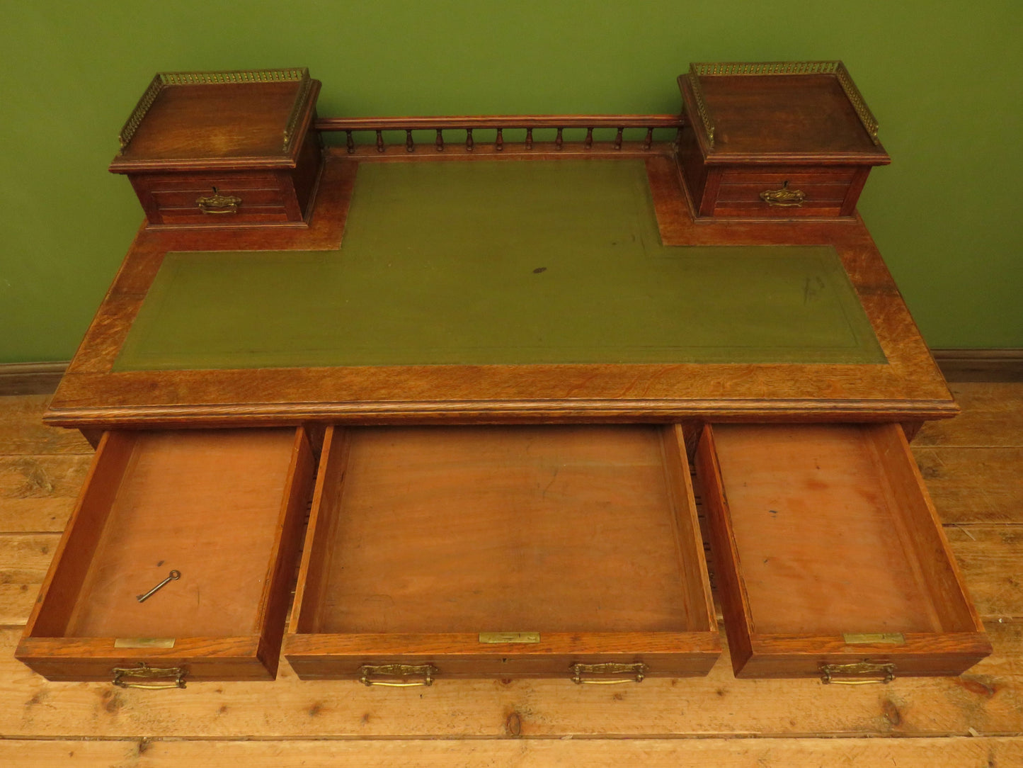 Imposing Antique Estate Managers Oak Pedestal Desk with Green Leather Top